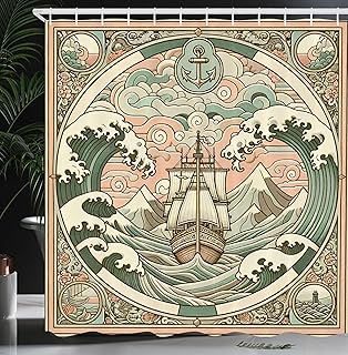 Ambesonne Nautical Shower Curtain, Folk Art Style Marine Composition of Storm Waves Ship and Ornaments, Cloth Fabric Bathroom Decor Set with Hooks, 69" W x 70" L, Blush Cadet Blue and Ecru