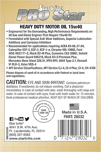 Miniatura 2 de STAR BRITE Aceite de motor Pro Star Super Premium SAE 15W-40  Alto rendimiento, protección de motor resistente  Cumple con API CI, CJ-4 y más  32
