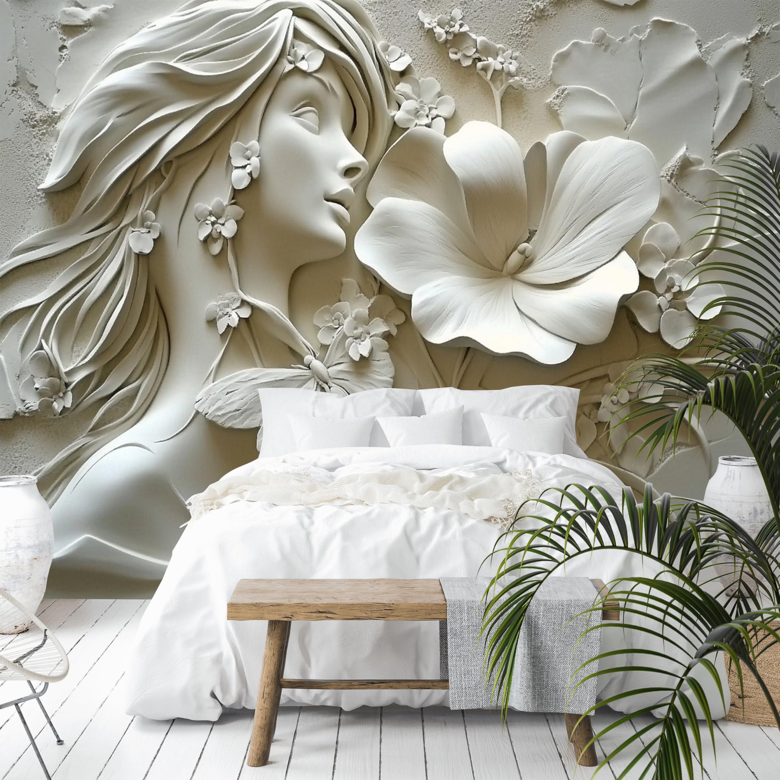 Custom Size Wall Murals - Modern Simple Beauty Embossed Relief, Beauty Embossed Relief with Flowers - Self-Adhesive Removable Stick Wallpaper for Living Room