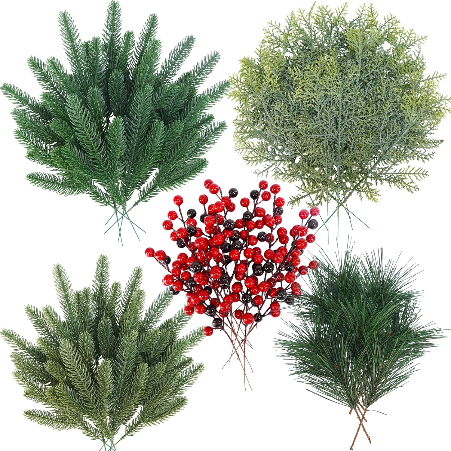 Winlyn 65個 人工松の枝と赤い果実の茎 クリスマス 緑の茎 杉のピック クリスマスツリーリース 冬 結婚式 休日 フラワーア