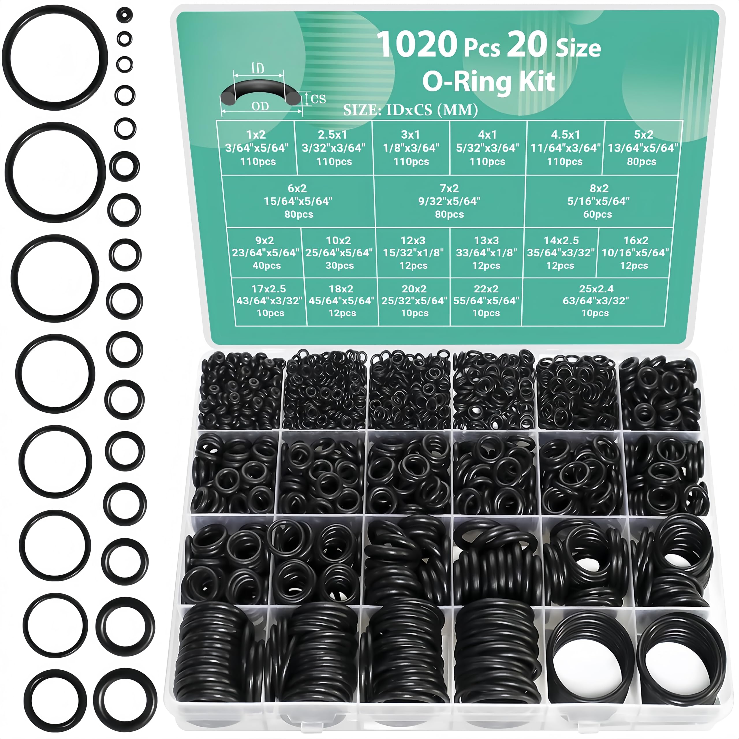 1020 Pcs O Ring Kit 20 Size Nitrile Rubber O Ring Assortment Set for Car Auto Vehicle Repair Faucet Plumbing Air or Gas Sealing Connections Resist Oil and Heat-picture-27