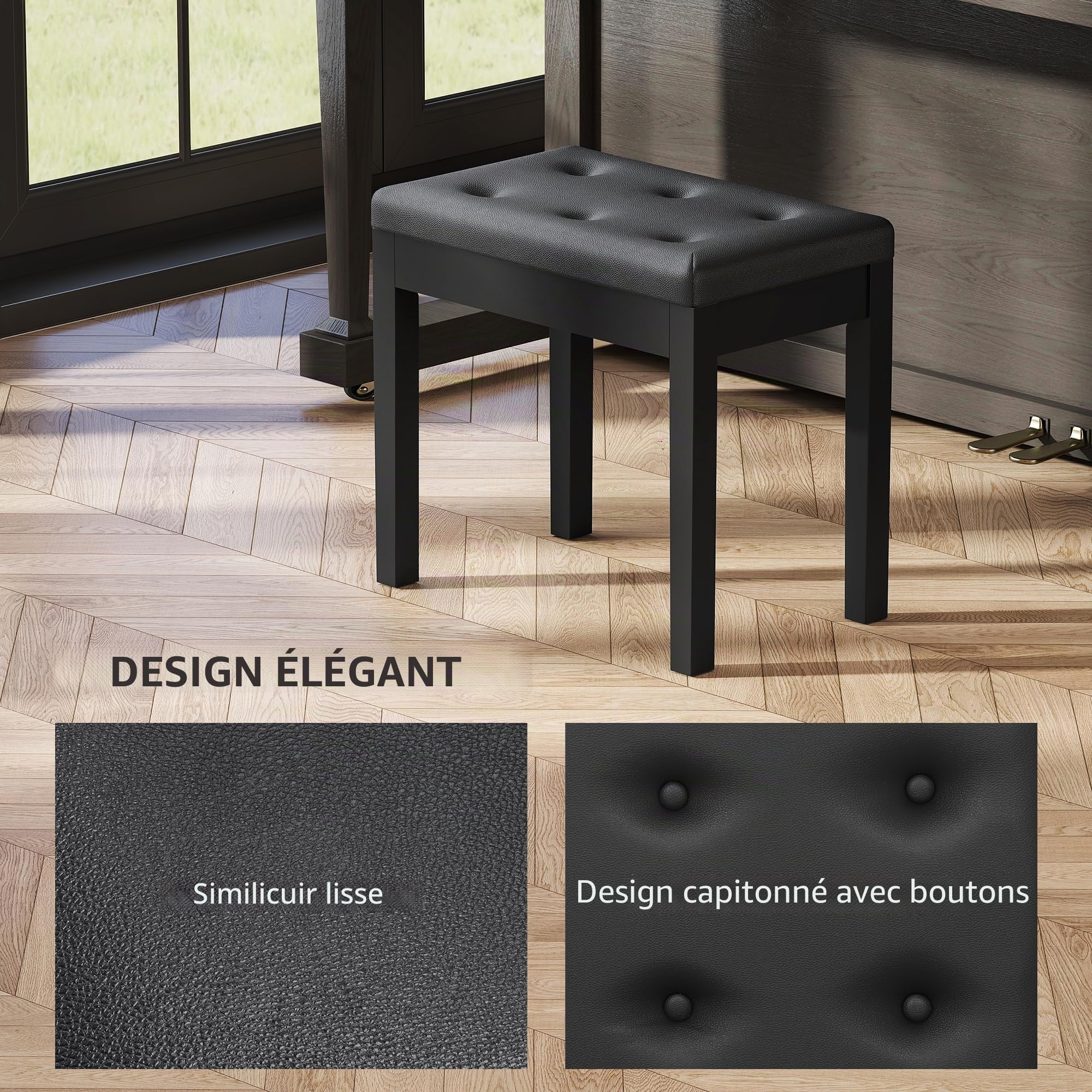 HOMCOM Banc de piano avec espace de rangement, pieds en bois et cuir synthétique, noir, 55 x 34 x 50 cm