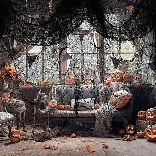 Miniatura 2 de Nirohee Paquete de 5 telas de araña de Halloween, tela espeluznante negra, decoración de Halloween al aire libre, paños negros, decoración de