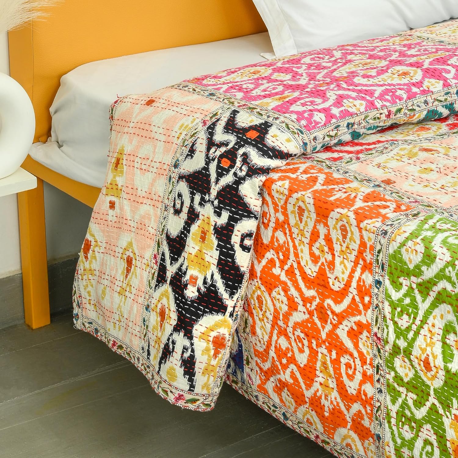 Indian Traditional Pure Cotton Patchwork Kantha Quilt,Traditional Handmade Bedding Vintage Multi Color (Multi-02, Queen (90"x 108"))
