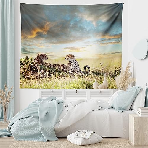 Miniatura 5 de Ambesonne Tapiz de sabana, 2 guepardos en África, naturaleza, hierba, animales peligrosos, cazadores, imagen de clima lluvioso, colgante de pared