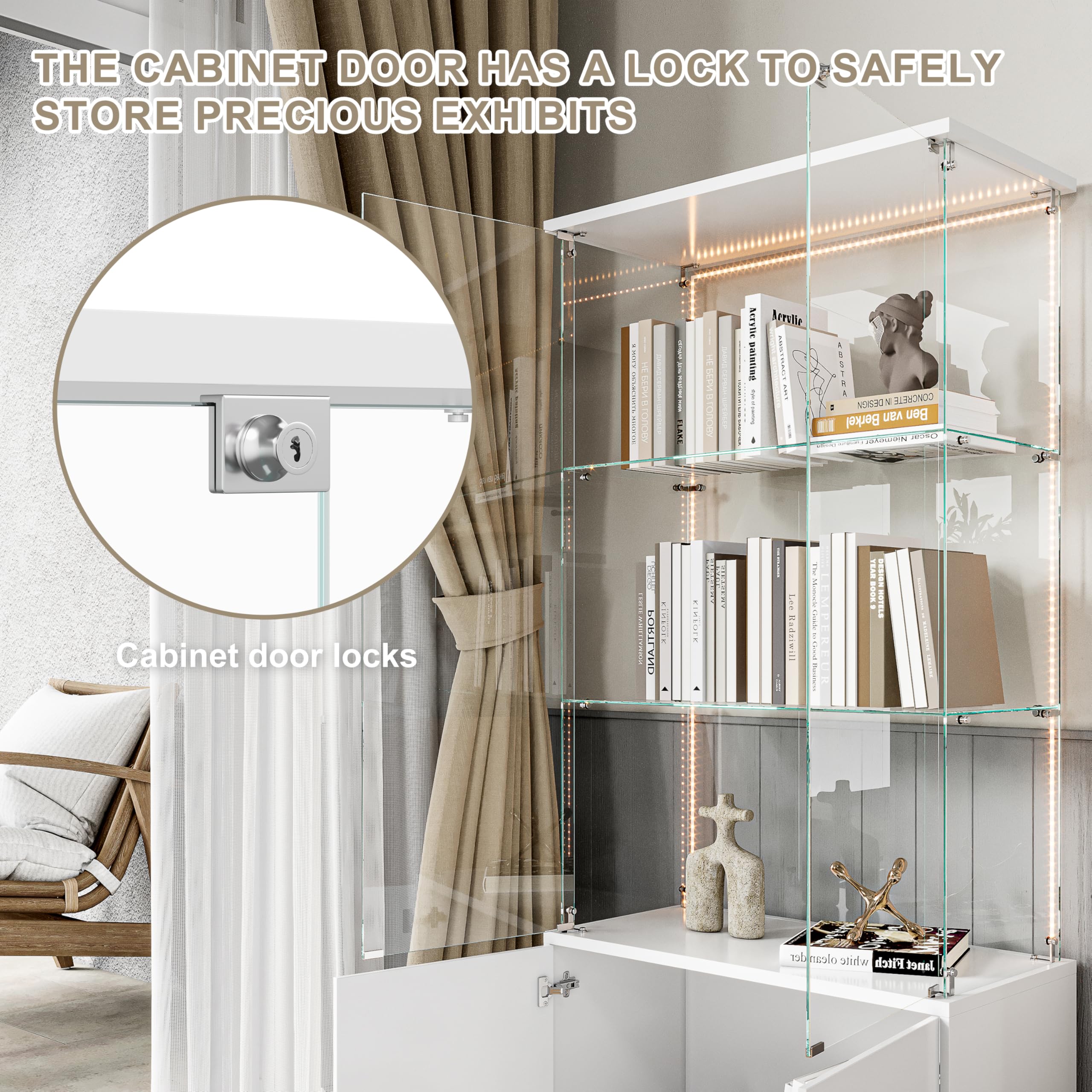 Vetrina in vetro con LED,Vetrina in vetro temperato,3 strati di vetro,a 2 porte e lucchetto,vetrine per figure armadio,per soggiorno,ufficio,oggetti da collezione (Bianco +LED 2, 3 piani +armadietti)