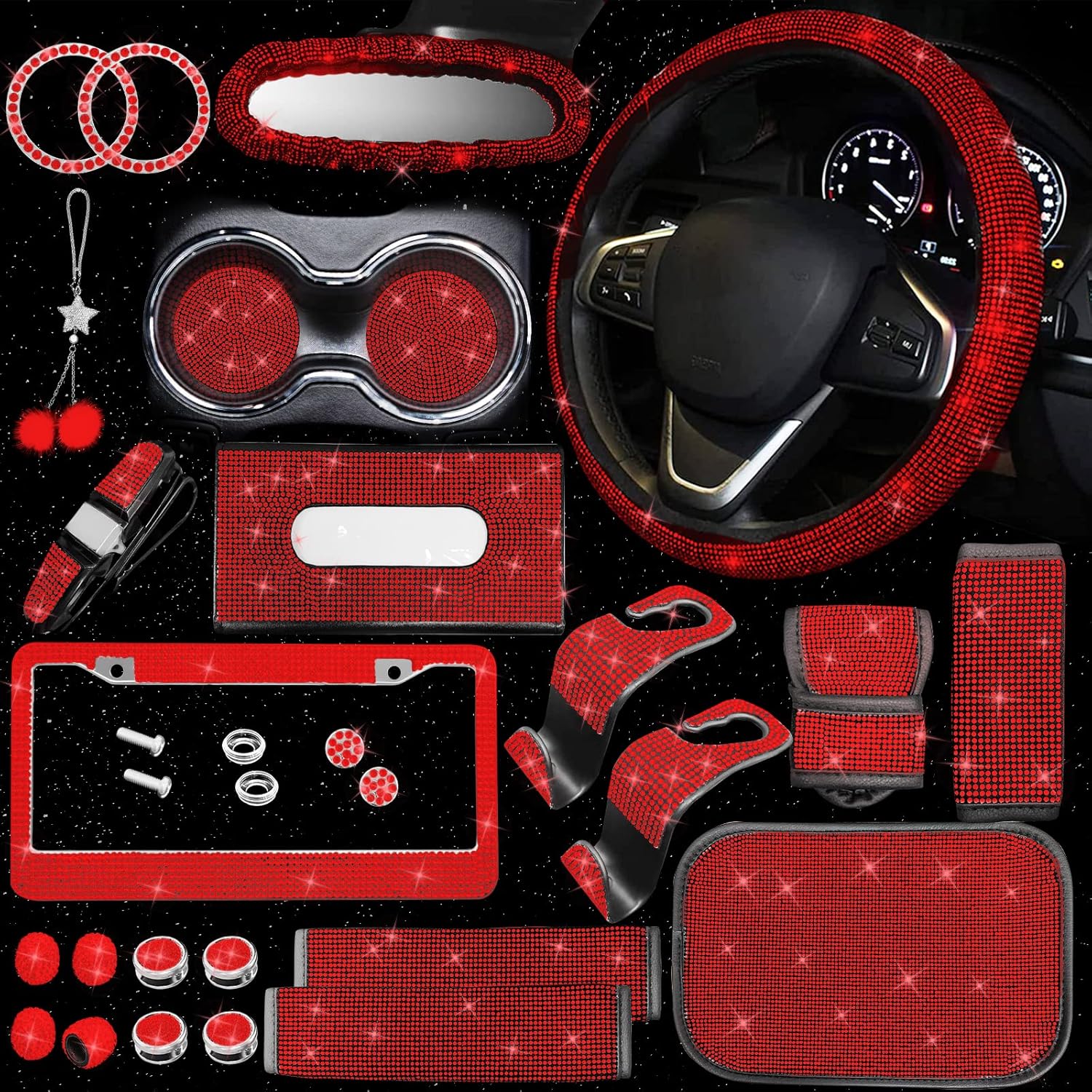 25PCS Bling Car Car Accessories Set,15 Inch Steering Wheel Cover,Shiny License Plate Frame,Center Console Cover and Rearview Mirror Set and Other Car Accessories(White)