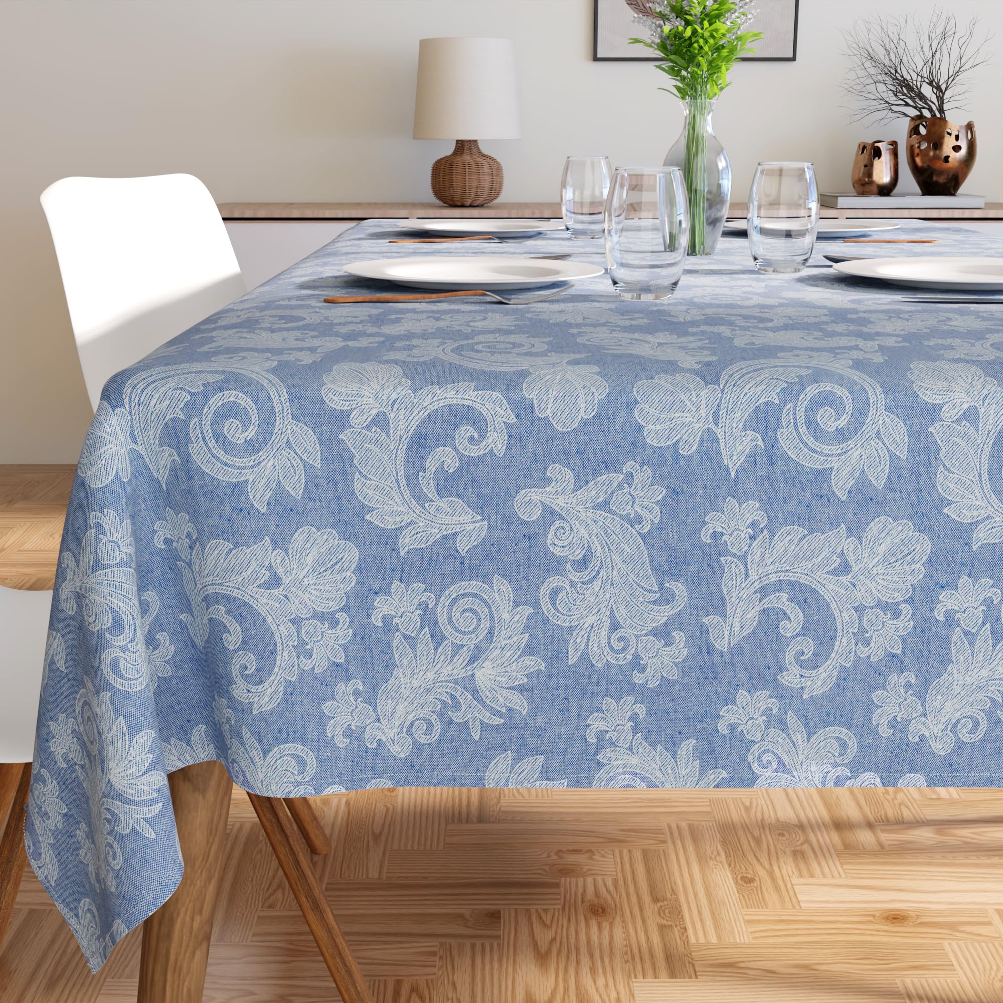 Encasa XO 4 to 6 Seater Dining Table Cloth 145x180 cm (57x72 in) I Floral Blue Jacquard Style Print on Chambray Homespun Cotton I for Family Gatherings Parties I Washable - Image 3
