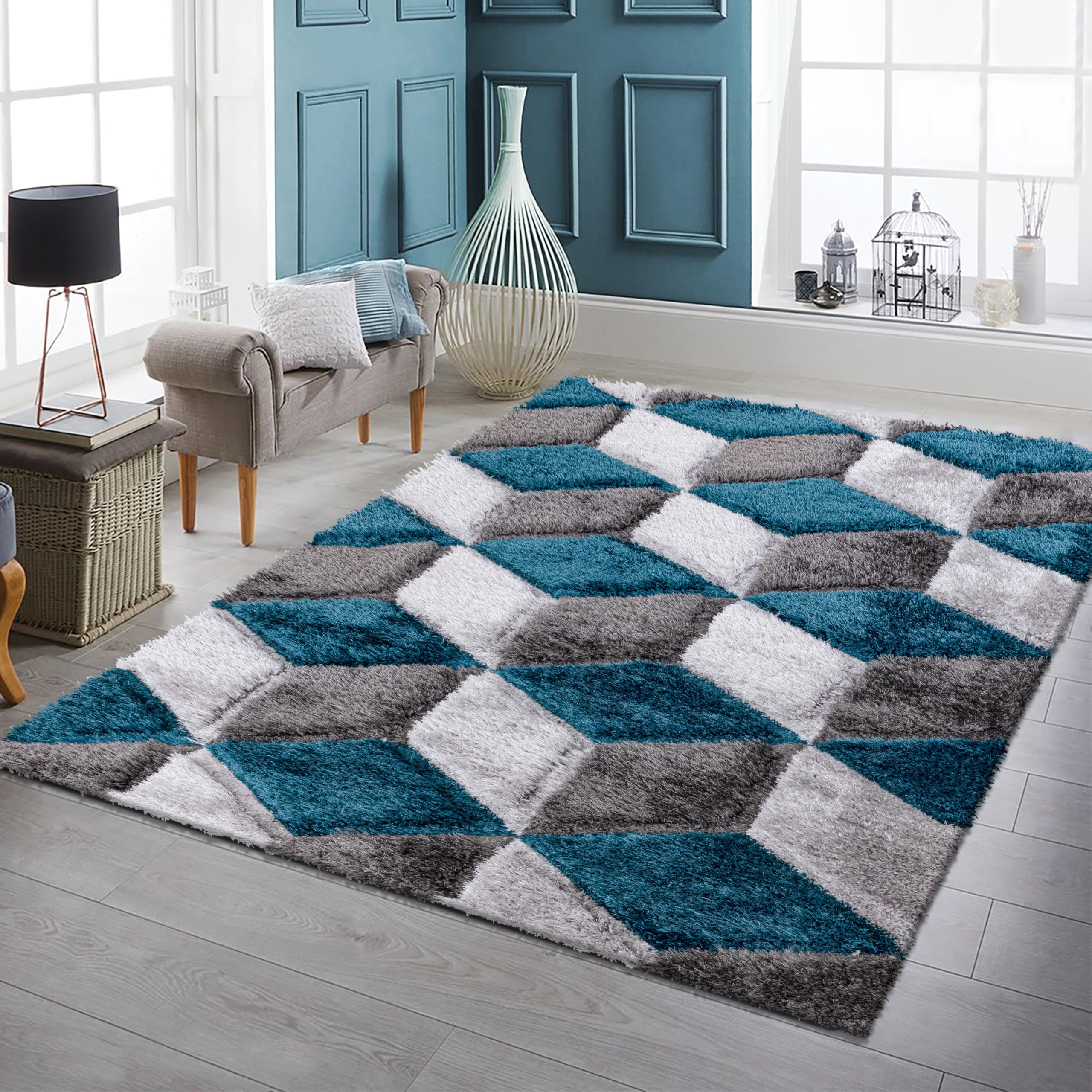 SHAZ HOME Classic Designers Luxury Shimmer Shaggy Rug Soft Thick Pile Large Area Rug for Living Room Bedroom Hallway Runner Rug Door Mat Floor Mats (Emerald, 200 x 290 cm)