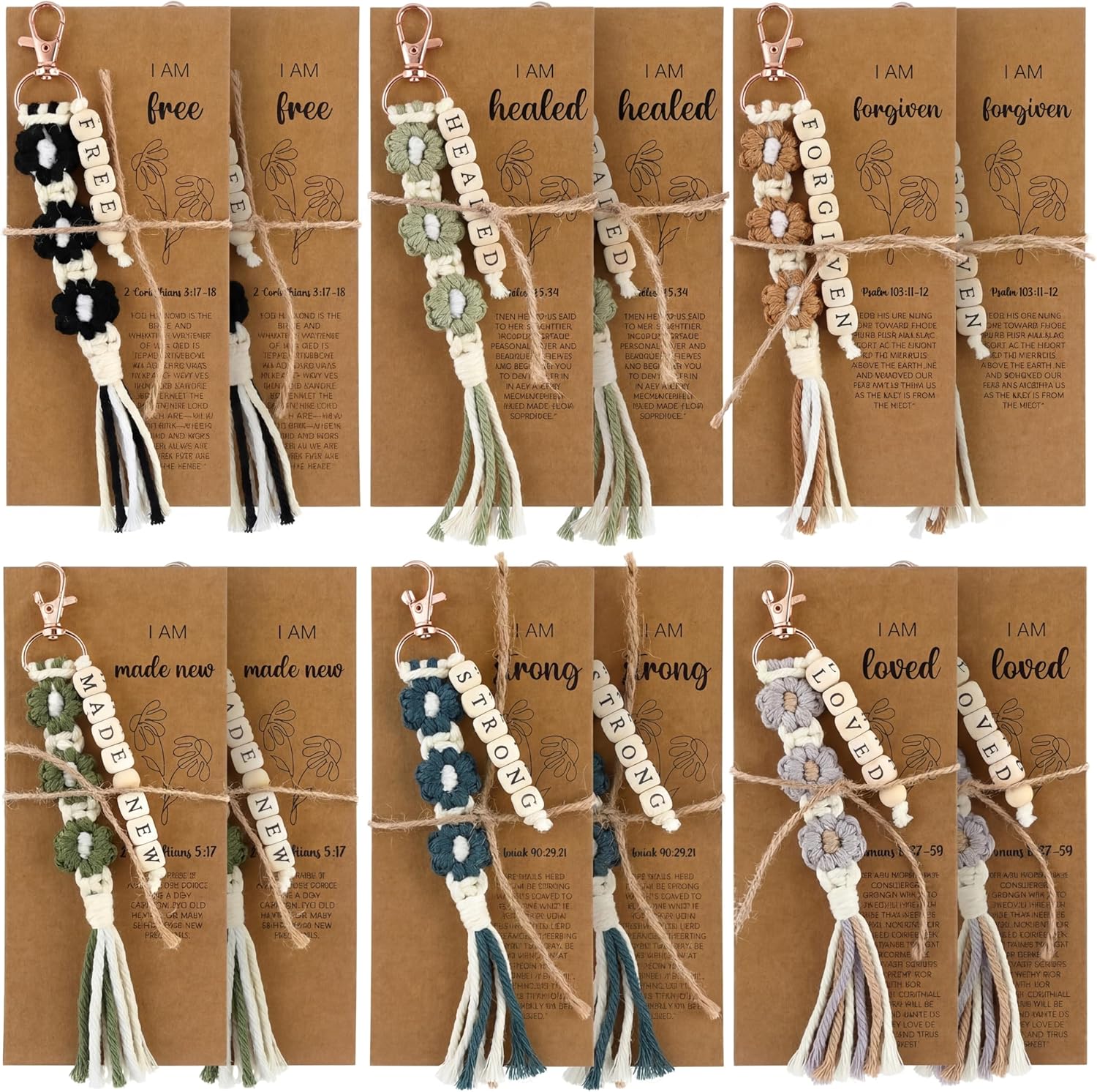 Gerrii 12 Set Mother's Day Keychains Bulk Christian Gifts for Women Christian Bookmarks with Inspirational Bible Verses Macrame Tassel Keychain Back to School Classroom Prize Bible Verse Gift (Dark)