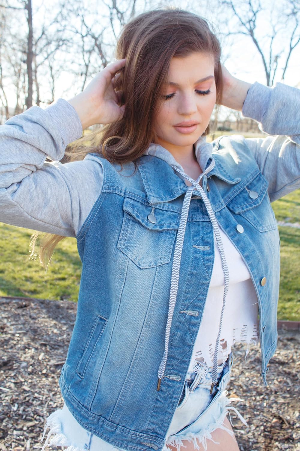 J.Corrine Women's Classic Casual Hooded Denim Jacket Drawstring Vintage Washed Jean Jacket Sweatshirt with Pockets - Image 5