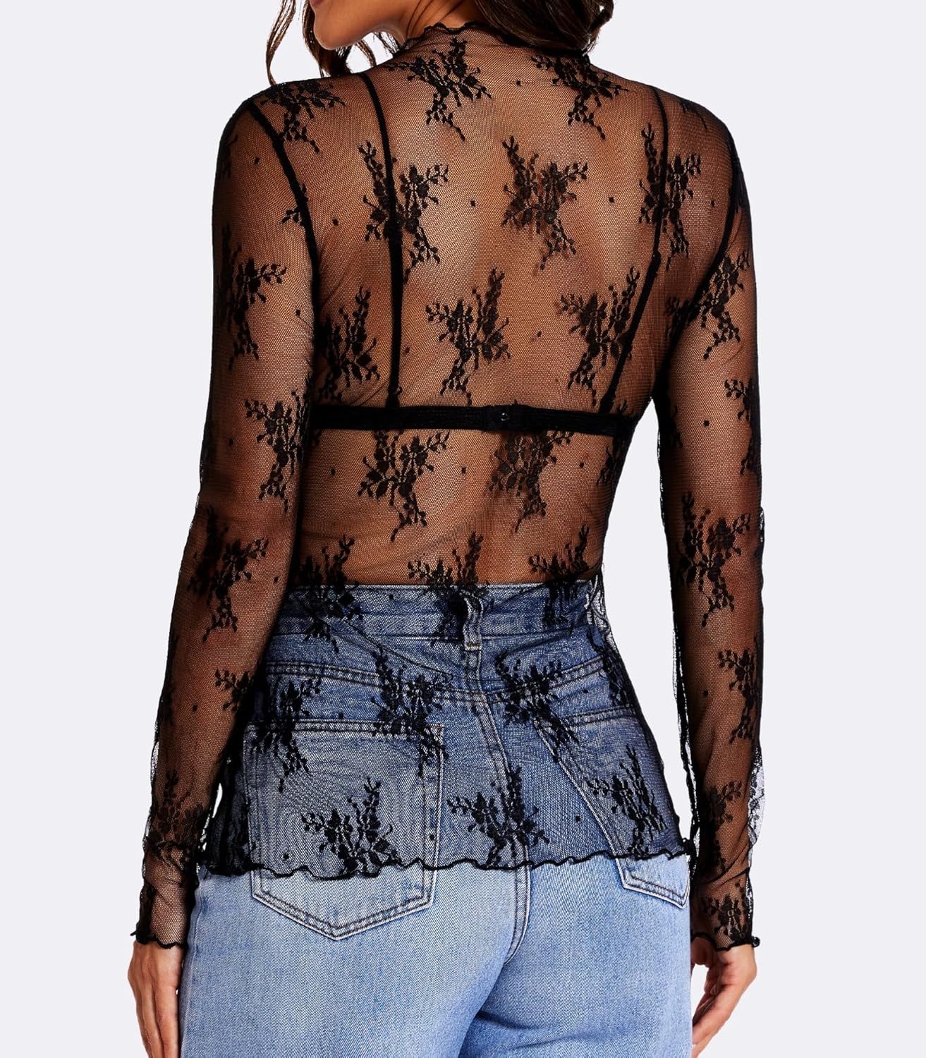 Womens Lace Long Sleeve Mesh Top Mock Neck Sheer Blouse See Through Floral Layering Shirt - Image 2