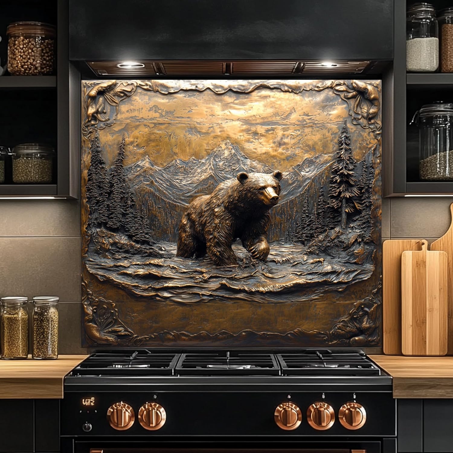 Tempered Glass Backsplash for Kitchen, Wilderness Grizzly Bear Design Glass Backsplash, Copper Look Backsplash for Kitchen Wall, Rustic Kitchen Backsplash, Easy to Install Stove Backsplash