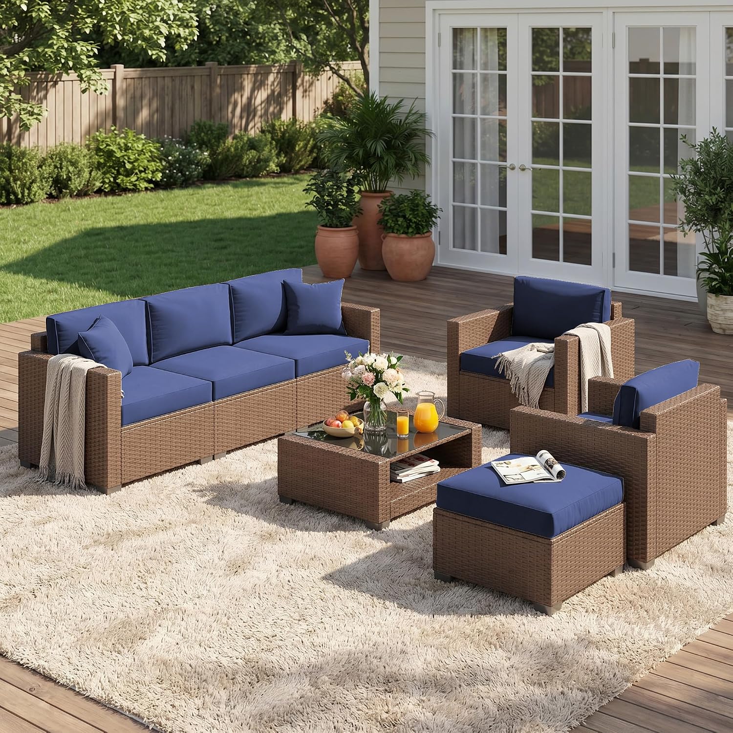 Patio Furniture Set 7 Pieces Conversation Set Wicker Outdoor Sectional Sofa,Ergonomic Armrests Couch with Cushion and Glass Table (Brown-Navy, 7 Piece-Double)