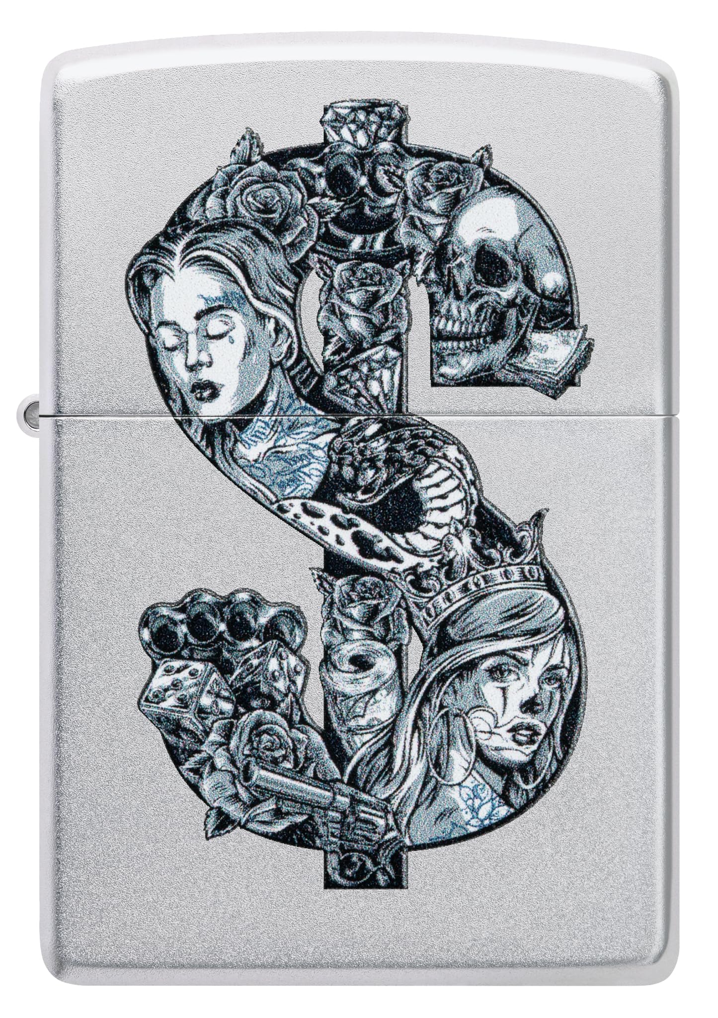 Zippo Tattoo Dollar Zapalniczka Sztormowa, Kolorowy Nadruk, do Napełniania, Wielokrotnego Użytku, Wiatroodporna Konstrukcja, Pudełko na Prezent, Wykonano w USA, Kolor Satynowy Chrom