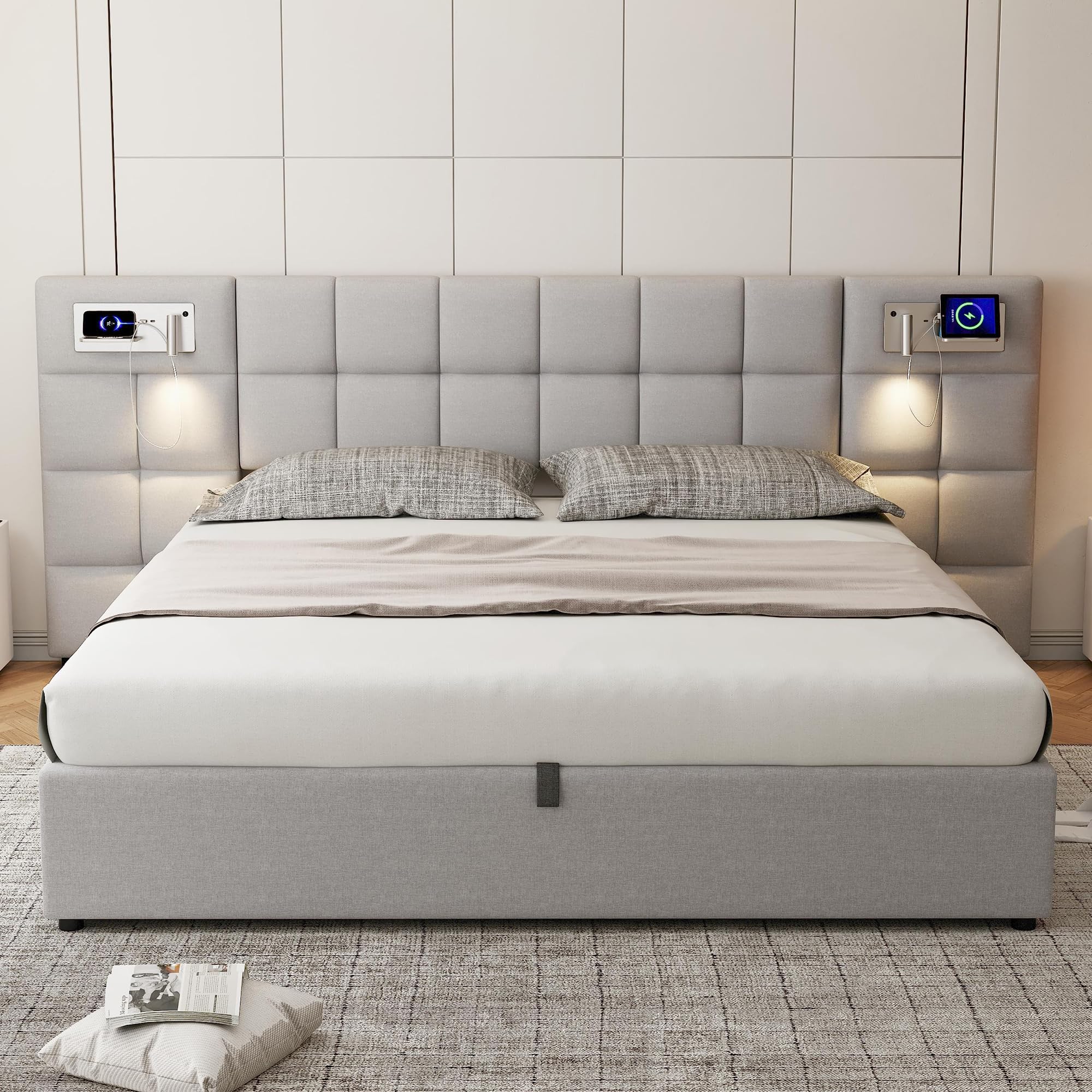Dolamaní Cama tapizada para cama doble de 180 x 200 cm con espacio de almacenamiento, cama hidráulica con somier y cabecero funcional extra grande, para adultos y jóvenes, lino (gris)