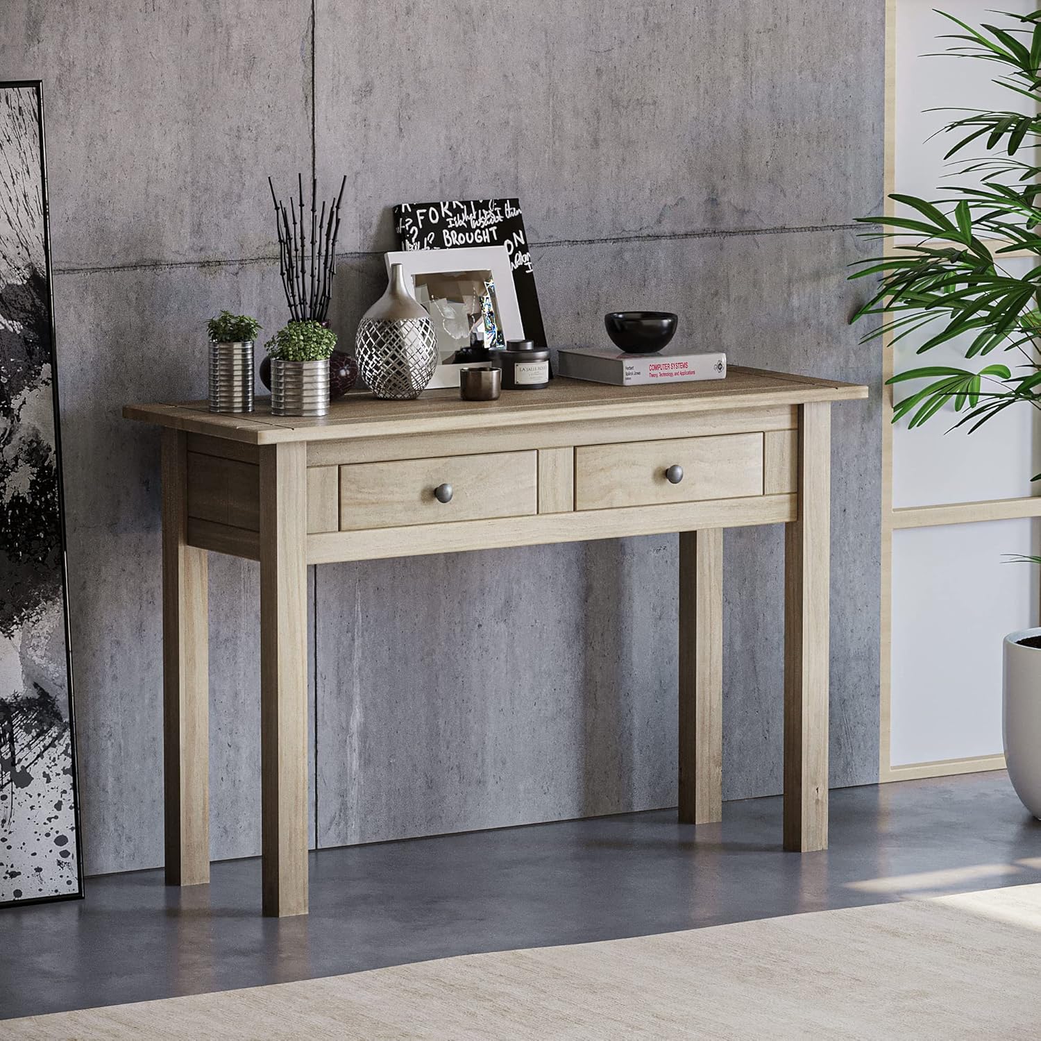 Vida Designs Panama Console Table 2 Drawer, Living Room Furniture Natural Oak, Wax Finish