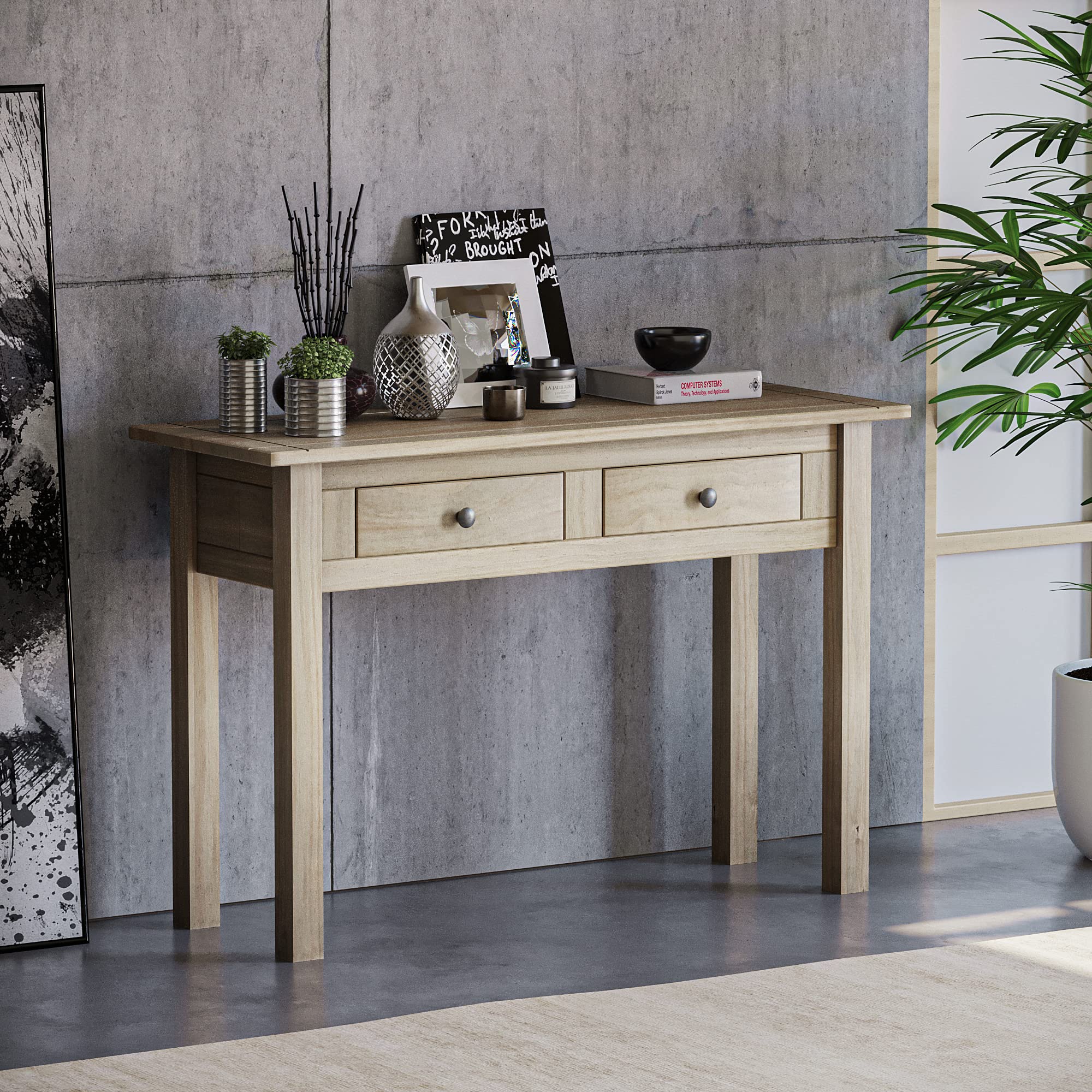 Vida Designs Panama Console Table 2 Drawer, Living Room Furniture Natural Oak, Wax Finish