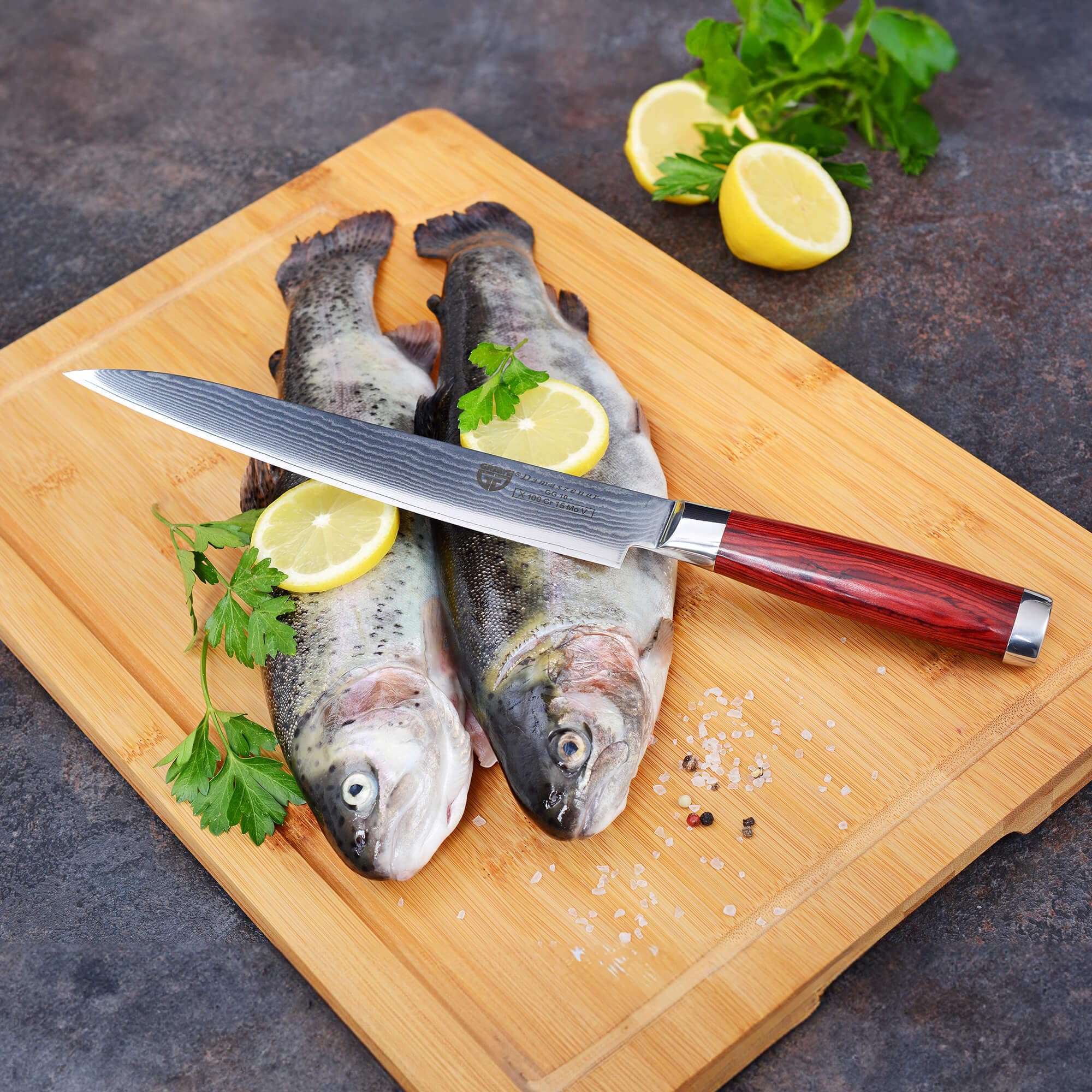 GRÄWE Nóż ze stali damasceńskiej, ostry, duży damasceński nóż Santoku, nóż kuchenny ze stali damasceńskiej, ostrze 21 cm, nóż szefa kuchni w stylu japońskim, z pudełkiem na prezent