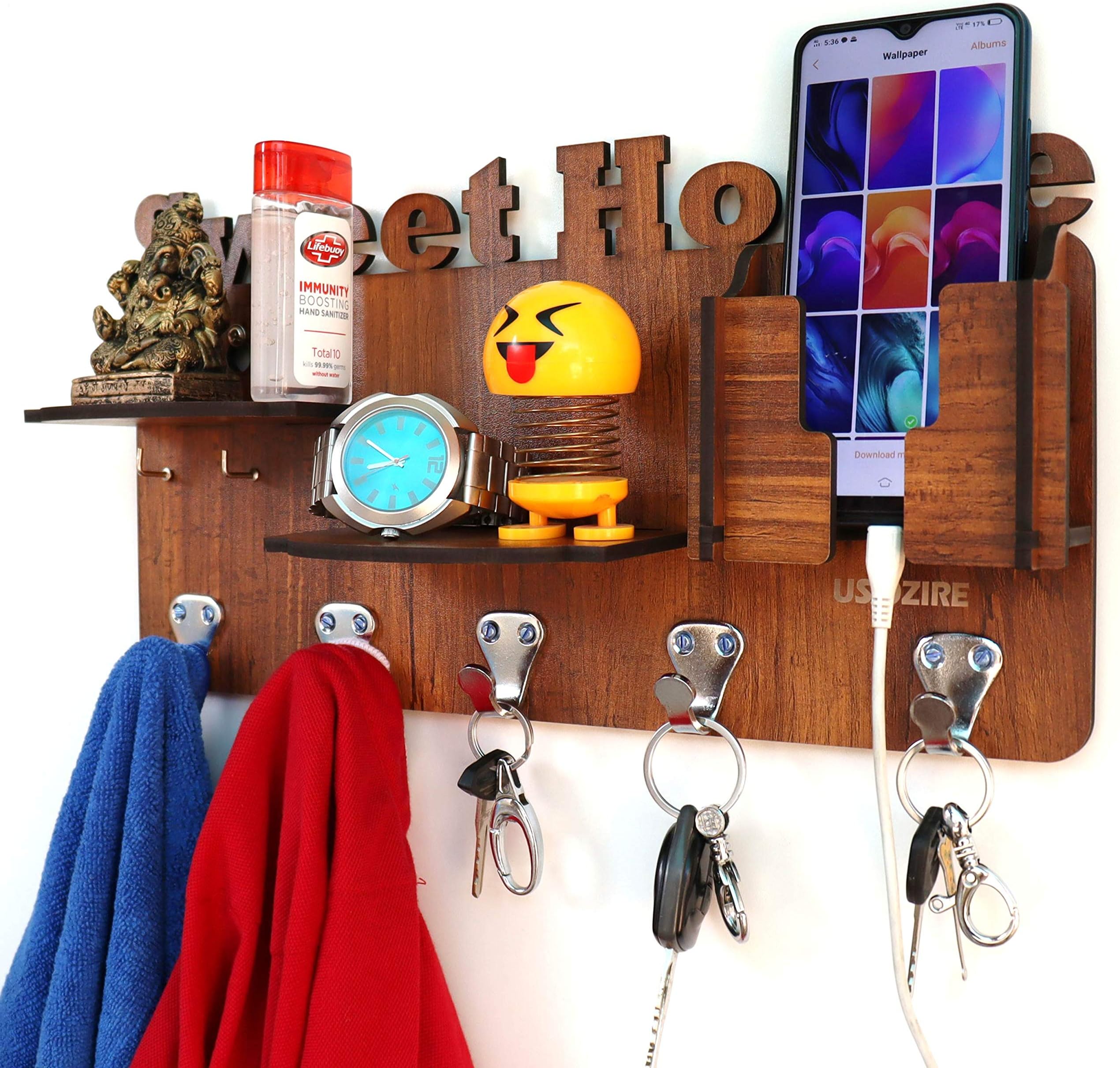 US DZIRE 823 Wall Mount Mobile Charging Holder with Shelf, Key, Cloth Hanger, Multi-use (Beige)