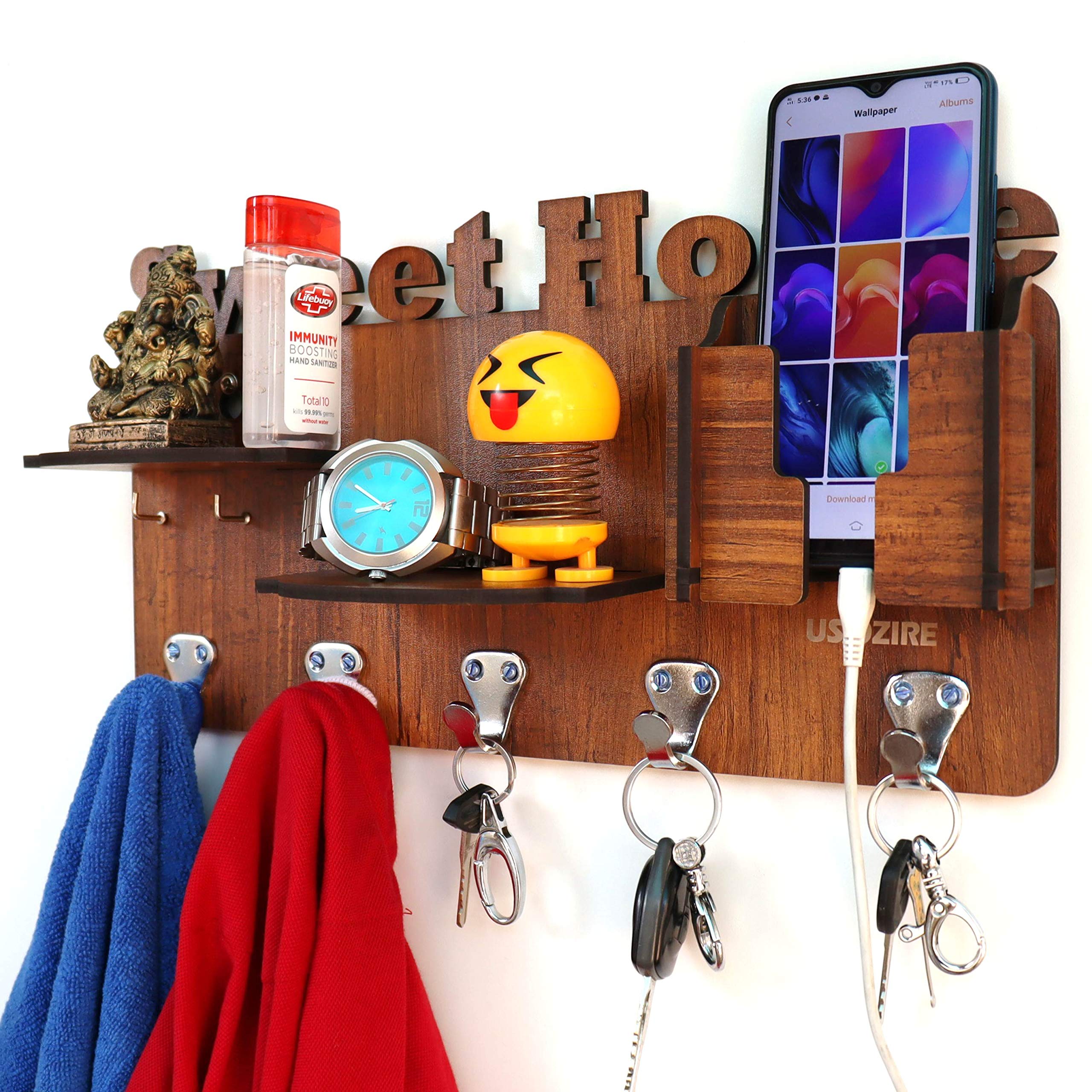 US DZIRE 823 Wall Mount Mobile Charging Holder with Shelf, Key, Cloth Hanger, Multi-use (Beige)