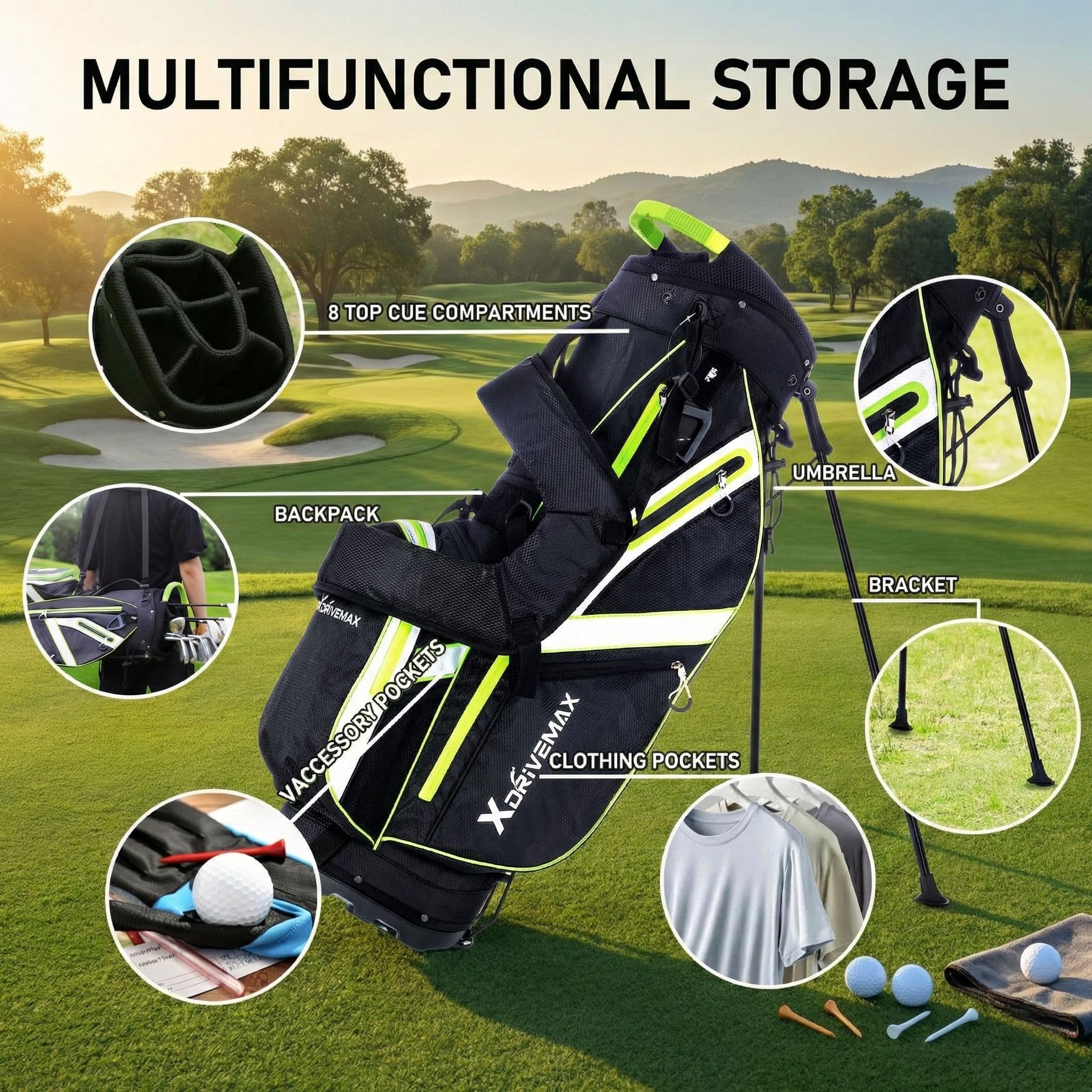 XDriveMax Golfbag, leichtes Golf standbag mit 8-facher Unterteilung für Herren und Damen,Premium Golf Bag mit Regenhülle, Kühlfach und Golfzubehör Kit