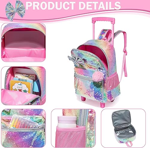Miniatura 4 de Mochila con ruedas con lazo para niñas, mochilas enrollables con ruedas para niños, maleta de lentejuelas con ruedas, equipaje de viaje