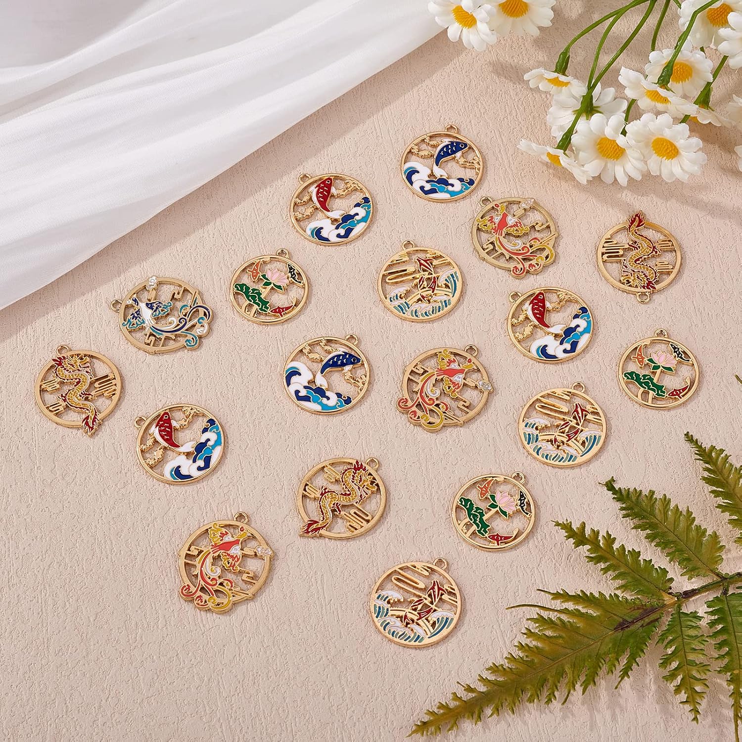 28 Pieces Round Shape Enamel Charm Deer Fish Charms Phoenix Animal Pendant Light Gold for Jewelry Necklace Bracelet Making Crafts - Image 3