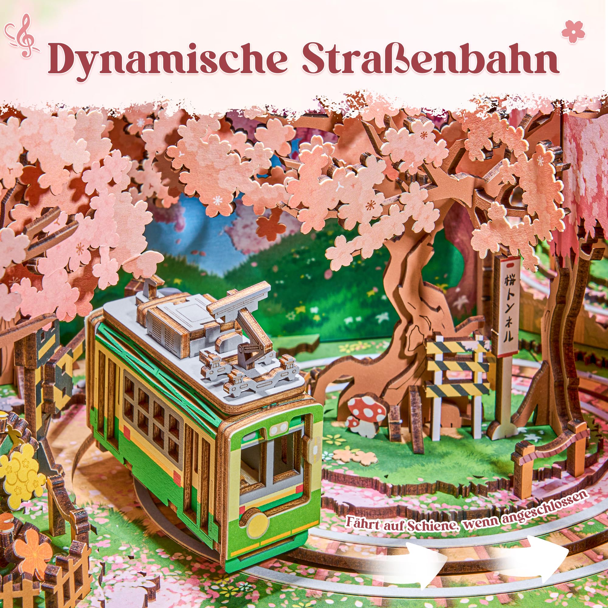 Rolife 3D Puzzle Anime Sakura Tram TV-Deko, 283-teiliges Holzbausatz für Erwachsene – Modellbausatz mit beweglichem Tram & LED, Cherry Blossom Szene, Geschenk für Woodcraft & Home-Deko