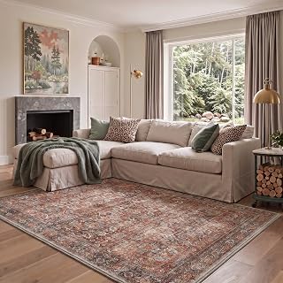 GENIMO Teppich Wohnzimmer 160X230 cm Vintage Waschbar Antik-Vintage-tiefrot
