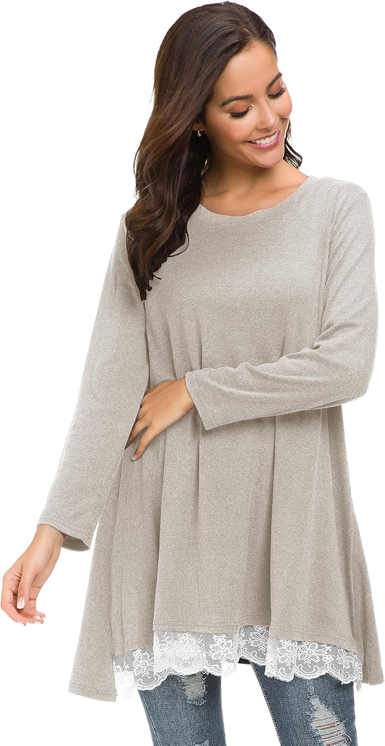 Afibi Women Lace Long Sleeve A-line Swing T-Shirt Loose Tunic Top Blouse - Image 6