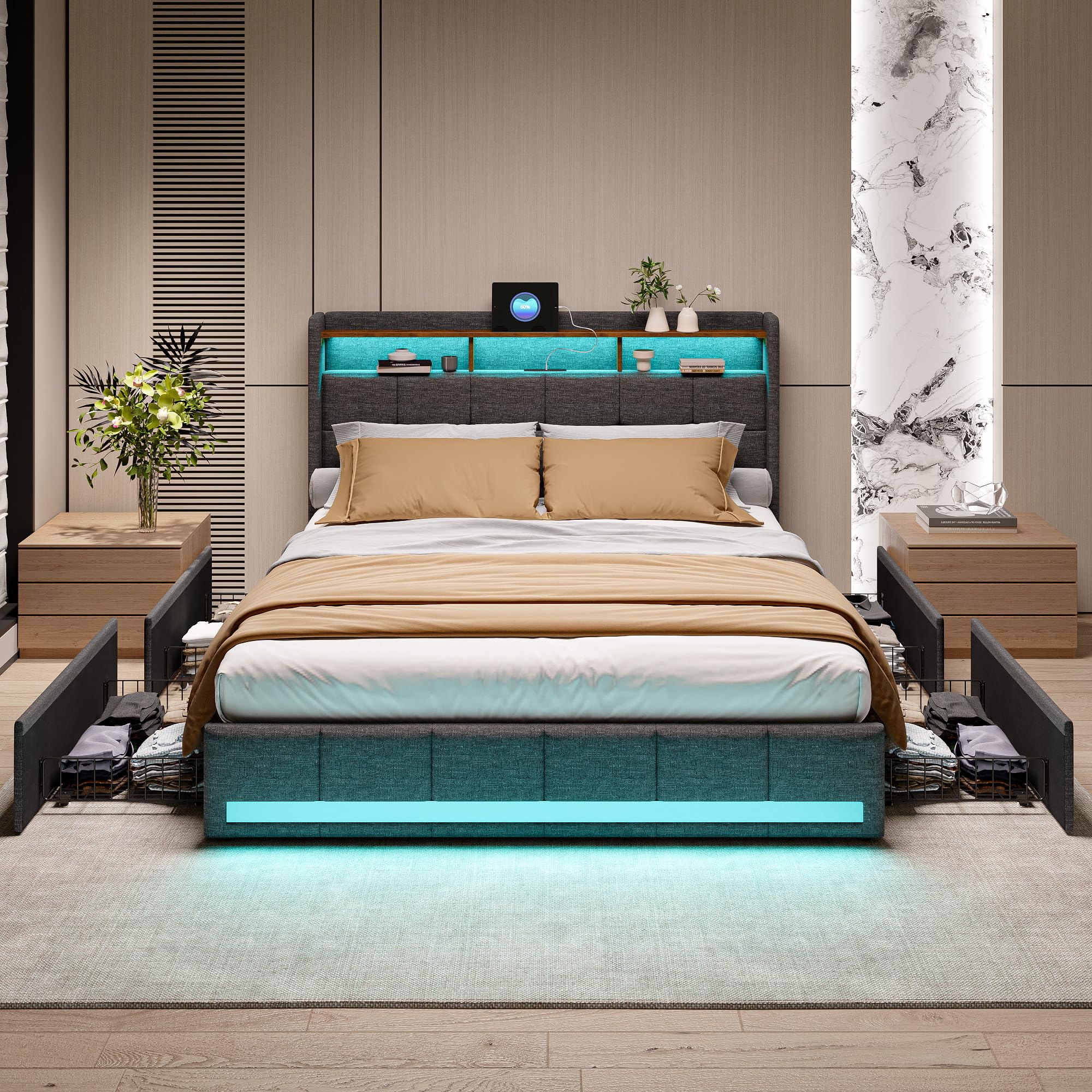 Telaio da letto 160 x 200 con rete, letto matrimoniale con illuminazione a LED e ricarica USB, imbottito con 4 cassetti, facile da montare, lino, senza materasso, grigio
