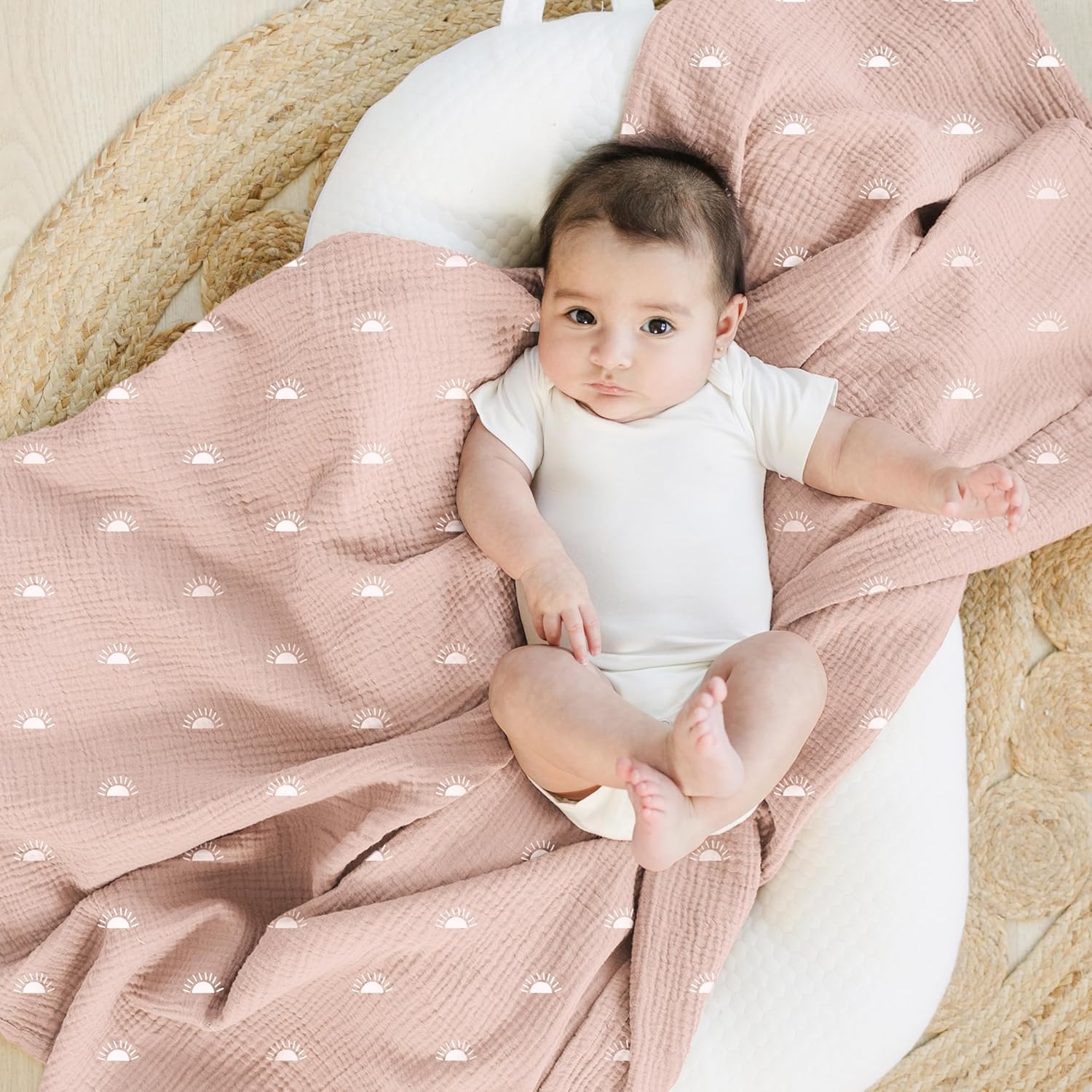 Konssy Muslin Swaddle Blankets for Girls Boys, 2 Pack Receiving Baby Blanket Large 47 x 47 inches, Soft Breathable Swaddling Wrap for Unisex Newborn (Pink Sun,Khaki Leaf) - Image 2