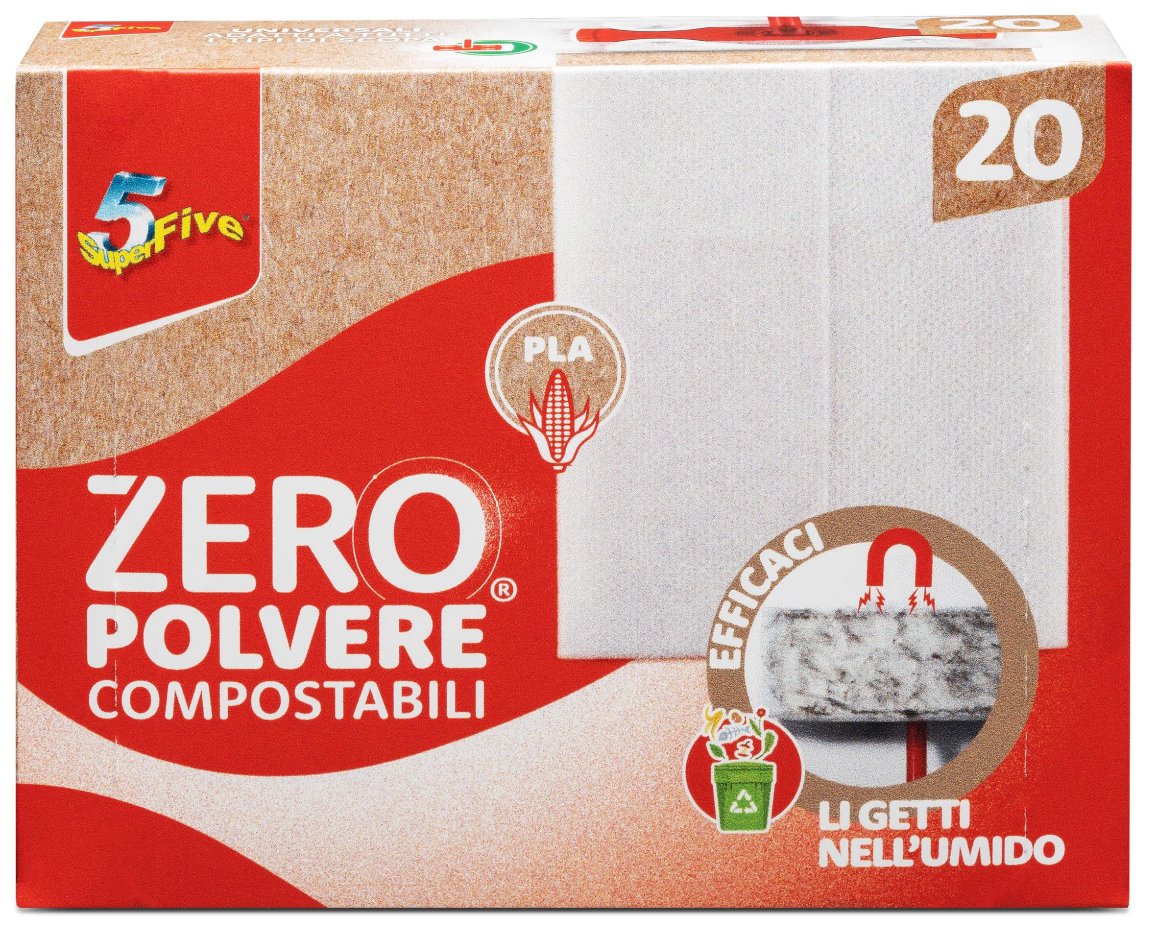 SUPERFIVE, Zero Polvere, Panni Microfibra Compostabili in PLA, Cattura polvere, Gettabili nell'Umido, 20 Panni x 6 Pack (120 Pezzi)