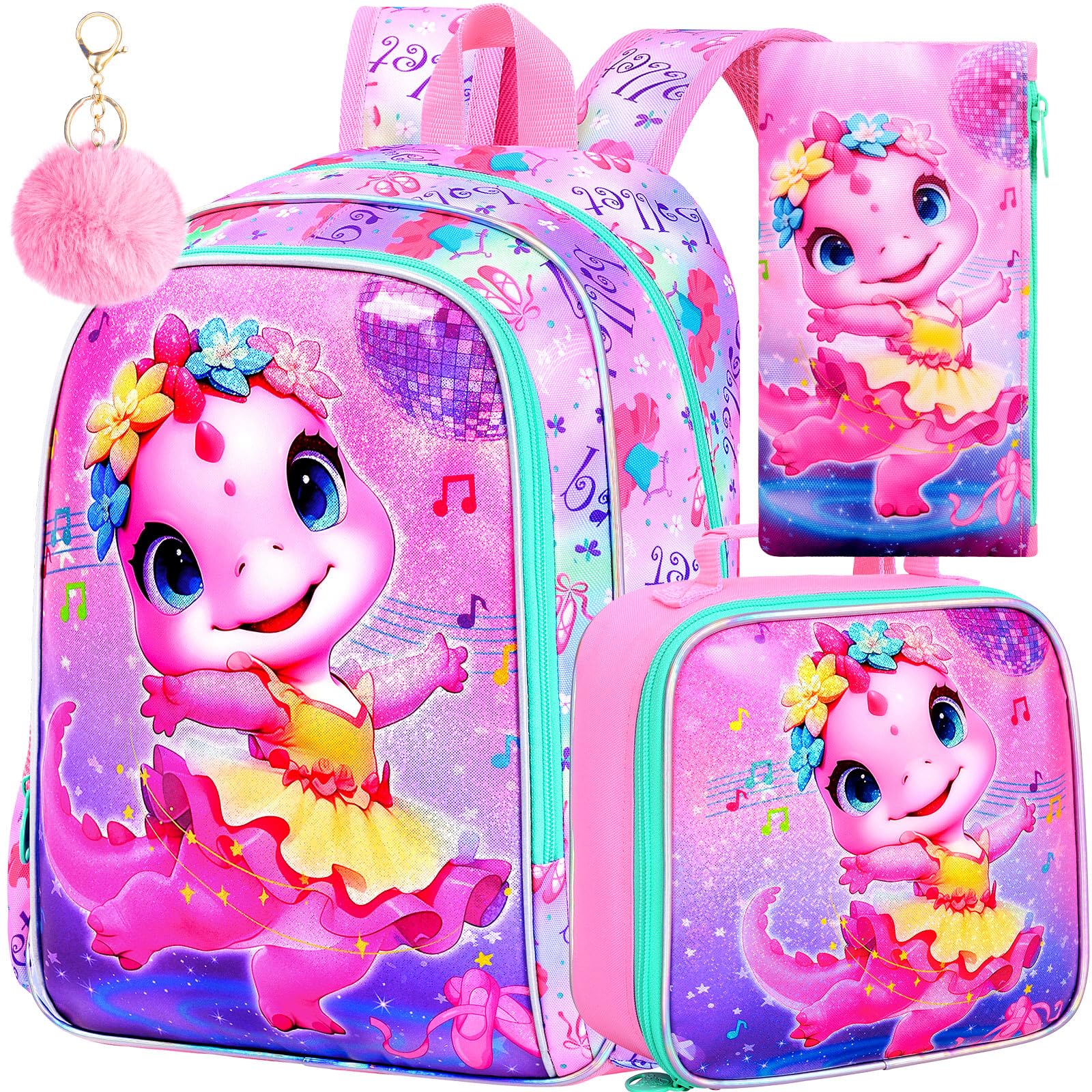 WZLVO 3PCS Kids Backpack for Girls, Unicorn Dinosaur Animal Prechool Elementary Kindergarten School Bookbag with Lunch Box