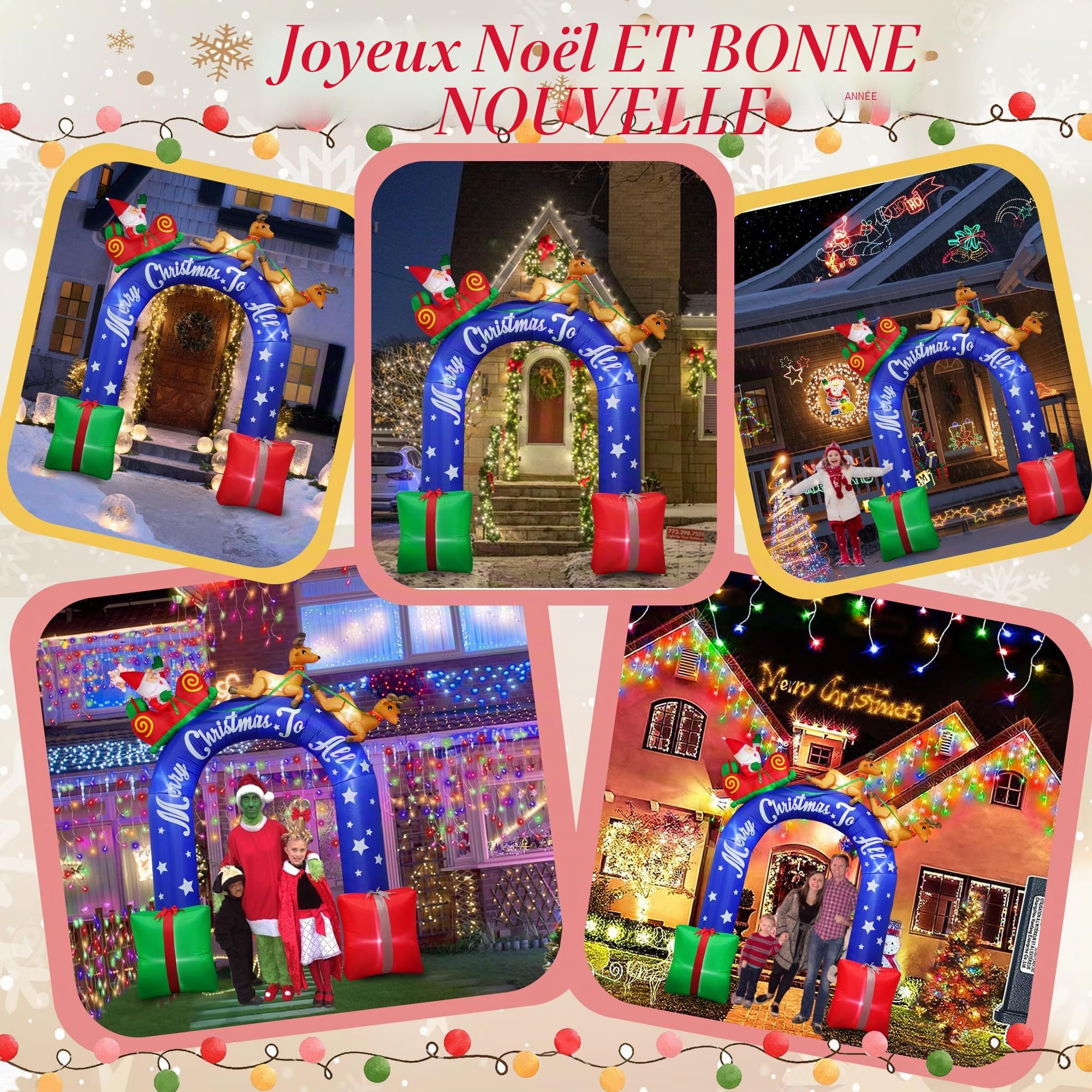 Père Noël Gonflable de 2,7 m Chevauchant Un Renne Avec Arche Cadeau, Décoration Extérieure de Noël