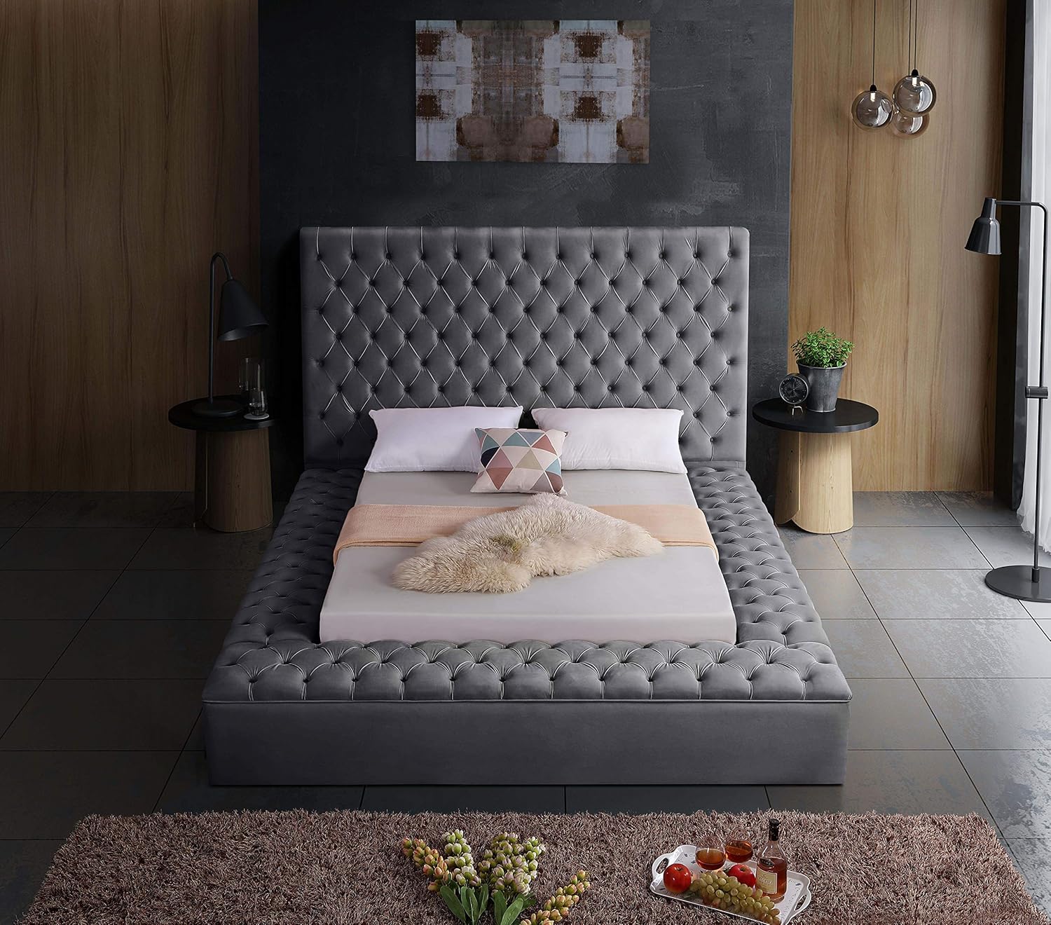Meridian Furniture BlissGray-K Bliss Collection Modern | Contemporary Velvet Upholstered Bed with Deep Button Tufting and Storage Compartments in Rails and Footboard, Gray, King