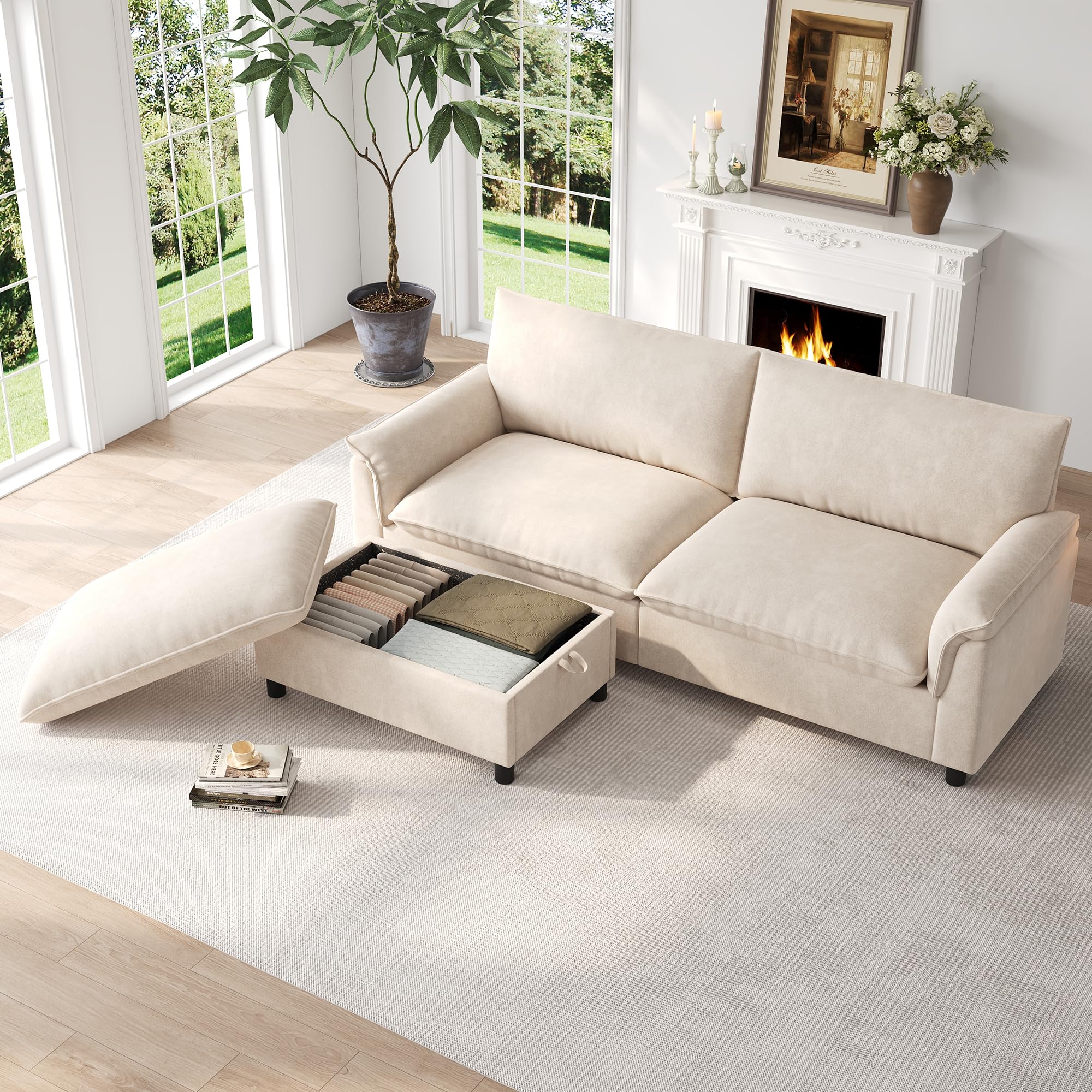 Merax Ecksofa L-Form 2-Sitzer Cloud Sofa mit Stauraum, Modulare Couch mit Flexibler Ottomane, Kleines Schlafsofa Polstersofa mit hoher Rückenlehne für Wohnzimmer, 216cm, Beige
