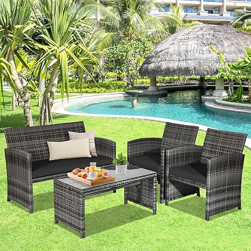 Miniatura 6 de Goplus Juego de muebles de ratán de 4 piezas, sofá de conversación de mimbre para exteriores con cojines resistentes a la intemperie y mesa de