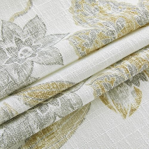 Miniatura 5 de Panel de cortina con estampado botánico floral con hojas amarillas y grises para casa de campo rústica, textura de lino con ojales en la parte