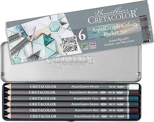 CRETACOLOR AquaGraph - Juego de acuarelas de grafito, 6 unidades (paquete de 1), blanco, marrón, verde azulado, verde, rojo, azul