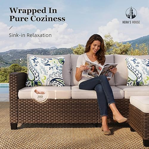 Miniatura 4 de Juego de Muebles de Patio Pequeño, Juego Seccional de Exterior de Mimbre de 3 Piezas, Juego de Sofá de Patio en Forma de L, Juego de Conversación