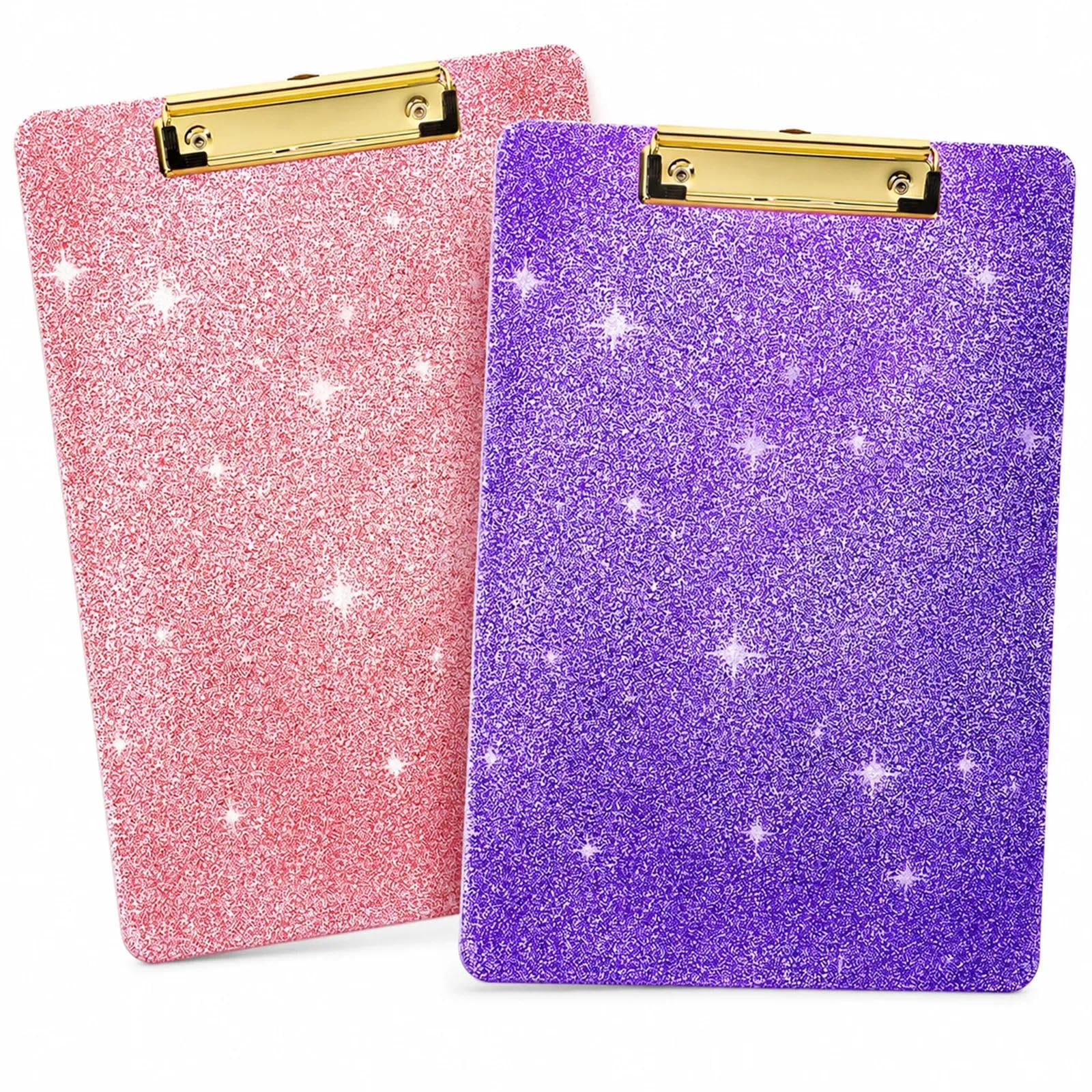2 Pcs Set of Sparkling Plastic Clip Boards A4 with Pen Holder and Gold Metal Clip's Board, Bingo Boards with Clip for Office School Home Events Training Notes, Pink and Purple（A4 320x225mm）