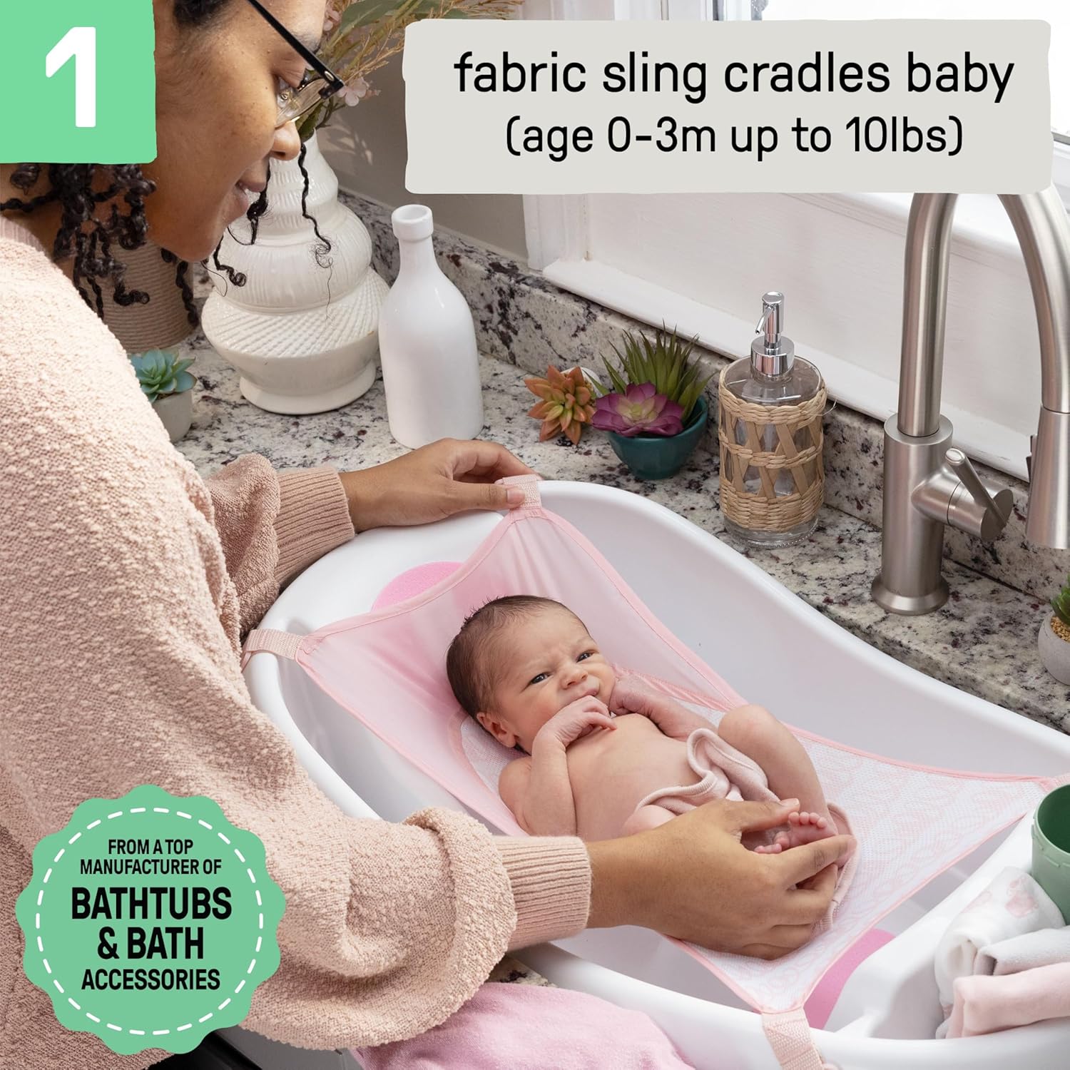 Ingenuity Comfy Clean Deluxe Newborn to Toddler Baby Bathtub, 3-in-1 with Removable Sling, Padded Backrest, 0-24 Months, Pink