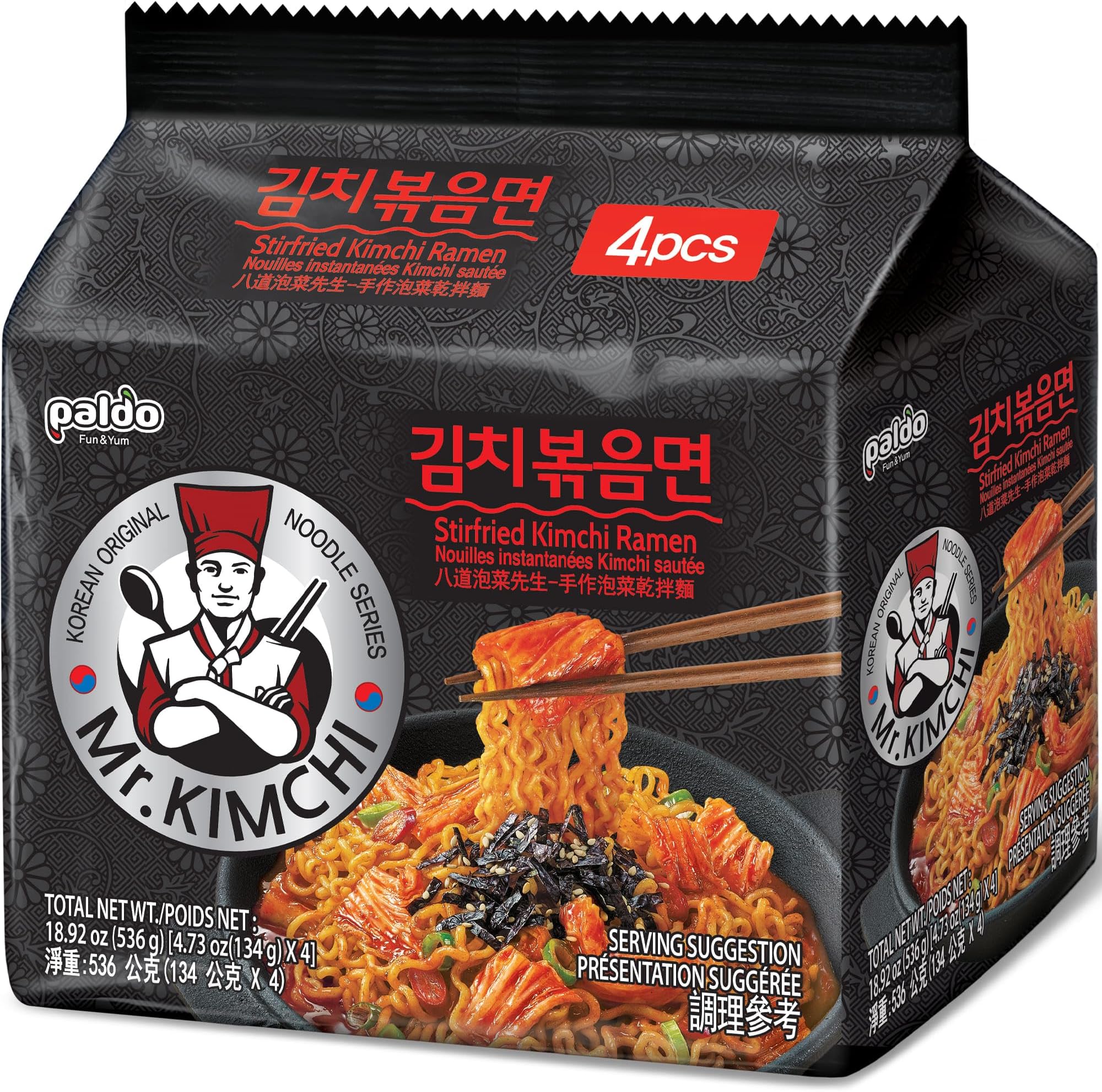 Fun & Yum Mr. Kimchi Ramen Stir Fried Instant Noodles, Stir-fried Kimchi Flavored, Soupless Original Korean Ramyun, Spicy Ramen Challenge, 미스터 김치 김치볶음면 134g (4.72 oz) x 8 Pack