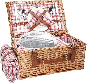 Wicker Picnic Basket Set for 2 Persons with Waterproof Picnic Blanket and Large Insulated Cooler Compartment, Willow Picnic Hamper Basket with Cutlery Service Kits for Camping, Wedding Red