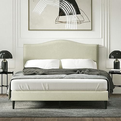 Glenwillow Home Kameli - Base de cama tapizada con diseño de cabeza de clavo base de colchón no necesita somier fácil montaje beige tamaño Queen
