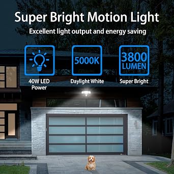 Upgraded 3-Head LED Security Lights with Motion Sensor, 40W, 3800LM, Motion Security Light, 5000K, ETL Waterproof, Motion Sensor Flood Light for Garage, Patio, Porch (White)