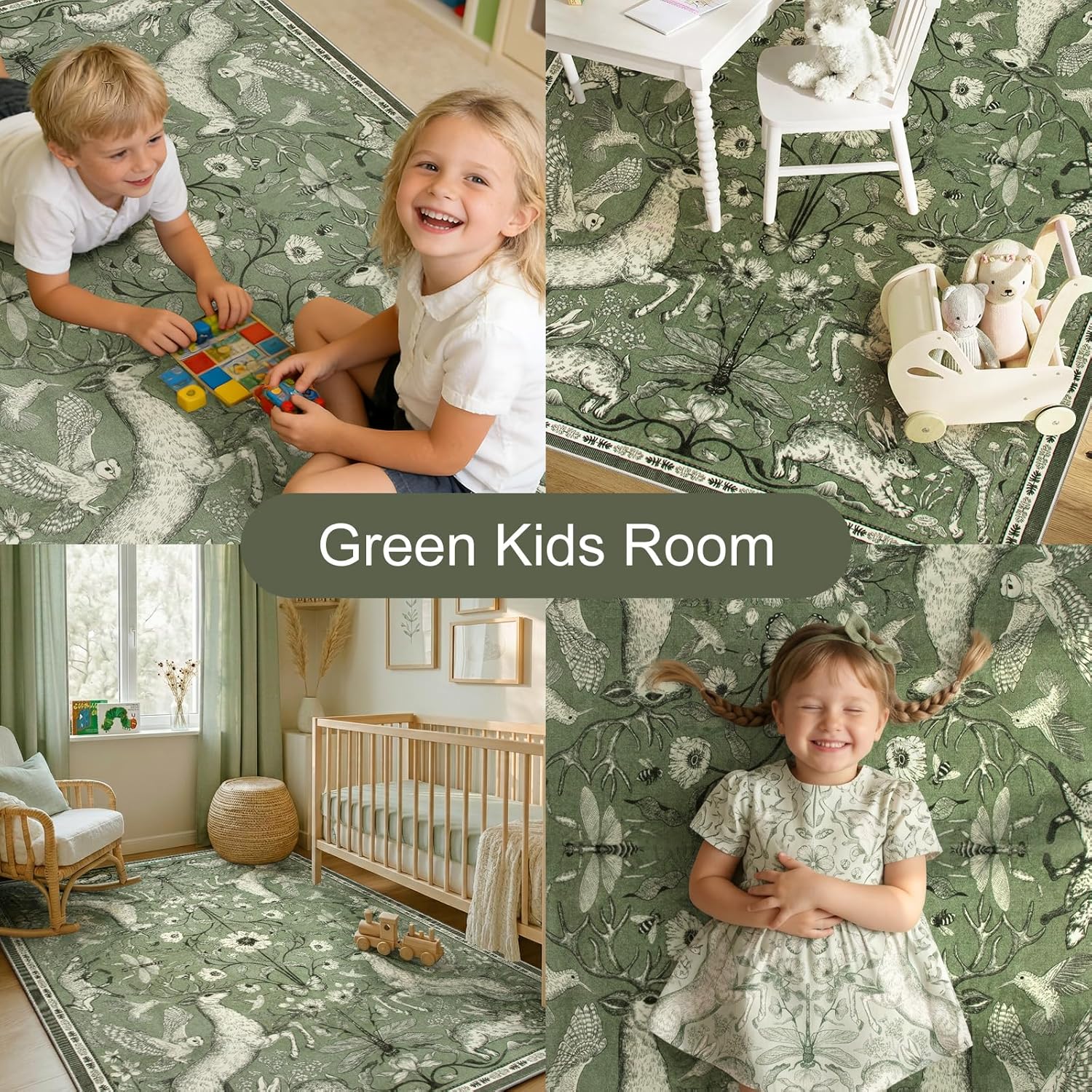 Lahome Dorval 6x9 Washable Deer Rug, Boho Woodland Nature Area Rug, Non Slip Low Pile Soft Green Carpet for Living Room Dining Room Bedroom Office Nursery Cottagecore Decor