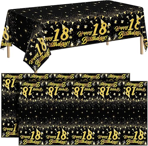 durony Paquete de 2 manteles de plástico para cumpleaños n 18 color negro dorado impermeable rectangular para fiestas en interiores o exteriores